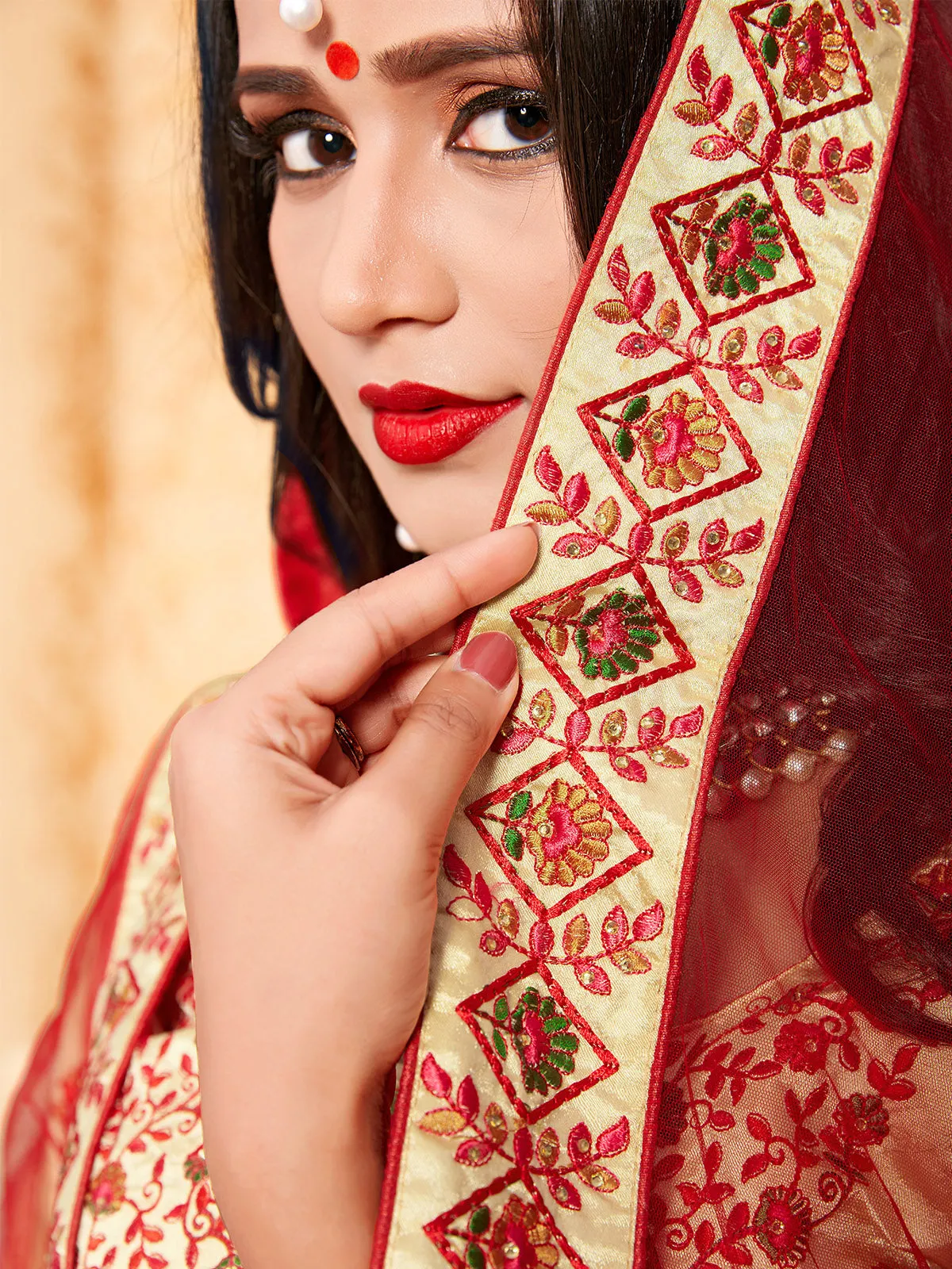 Beige Satin Embroidered Semi Stitched Lehenga With Unstitched Blouse