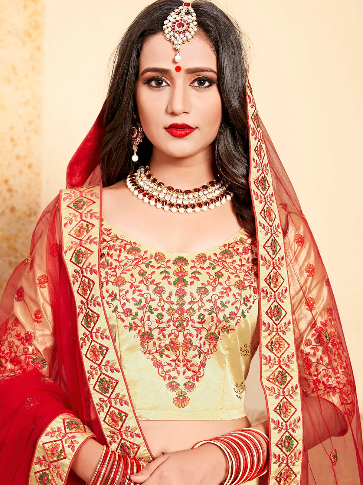 Beige Satin Embroidered Semi Stitched Lehenga With Unstitched Blouse