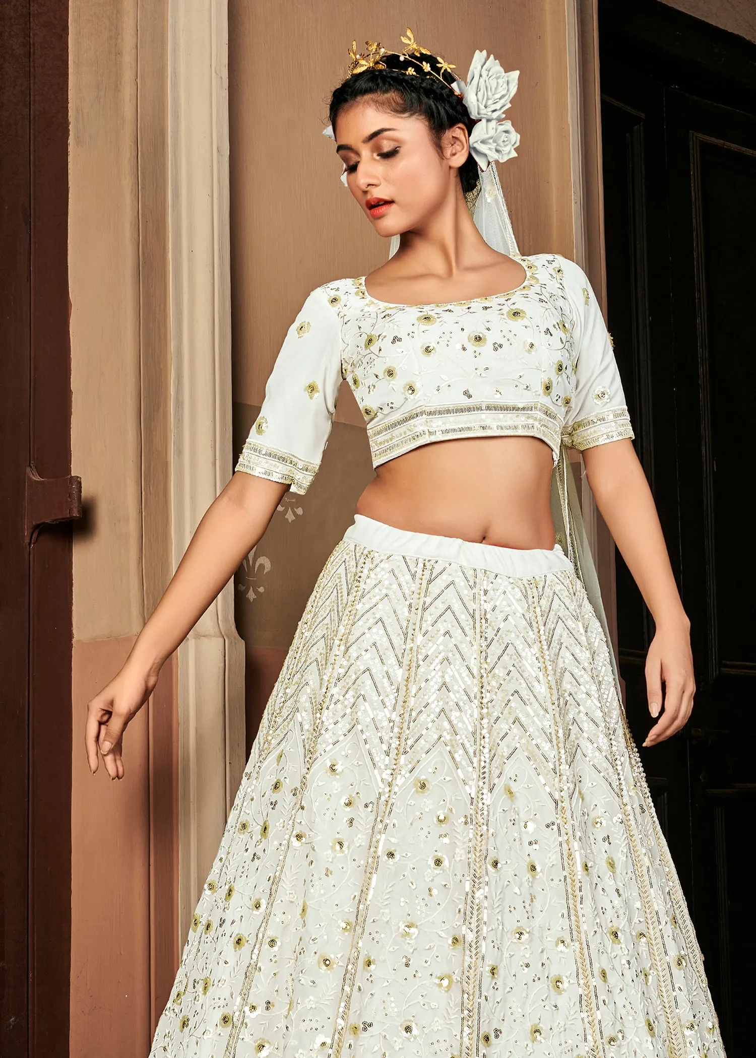 Bewitching Pearl-White Sequins Embroidered Georgette Wedding Lehenga