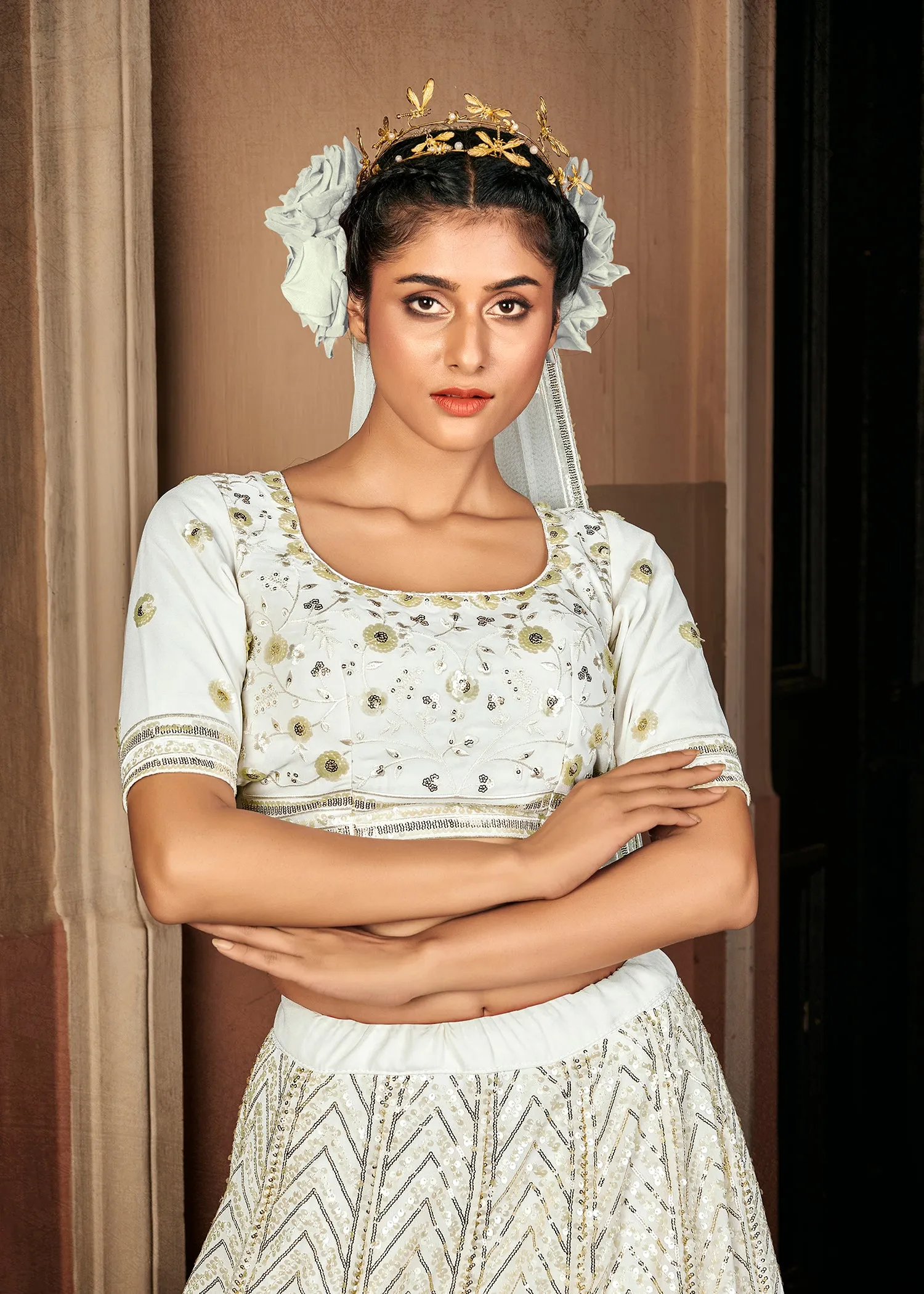 Bewitching Pearl-White Sequins Embroidered Georgette Wedding Lehenga