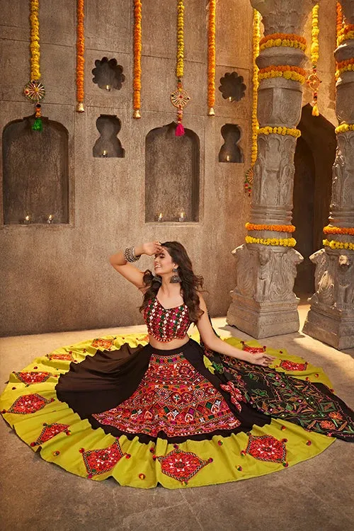 Black and Green Designer Embroidered Mirror Work Navratri Chaniya Choli
