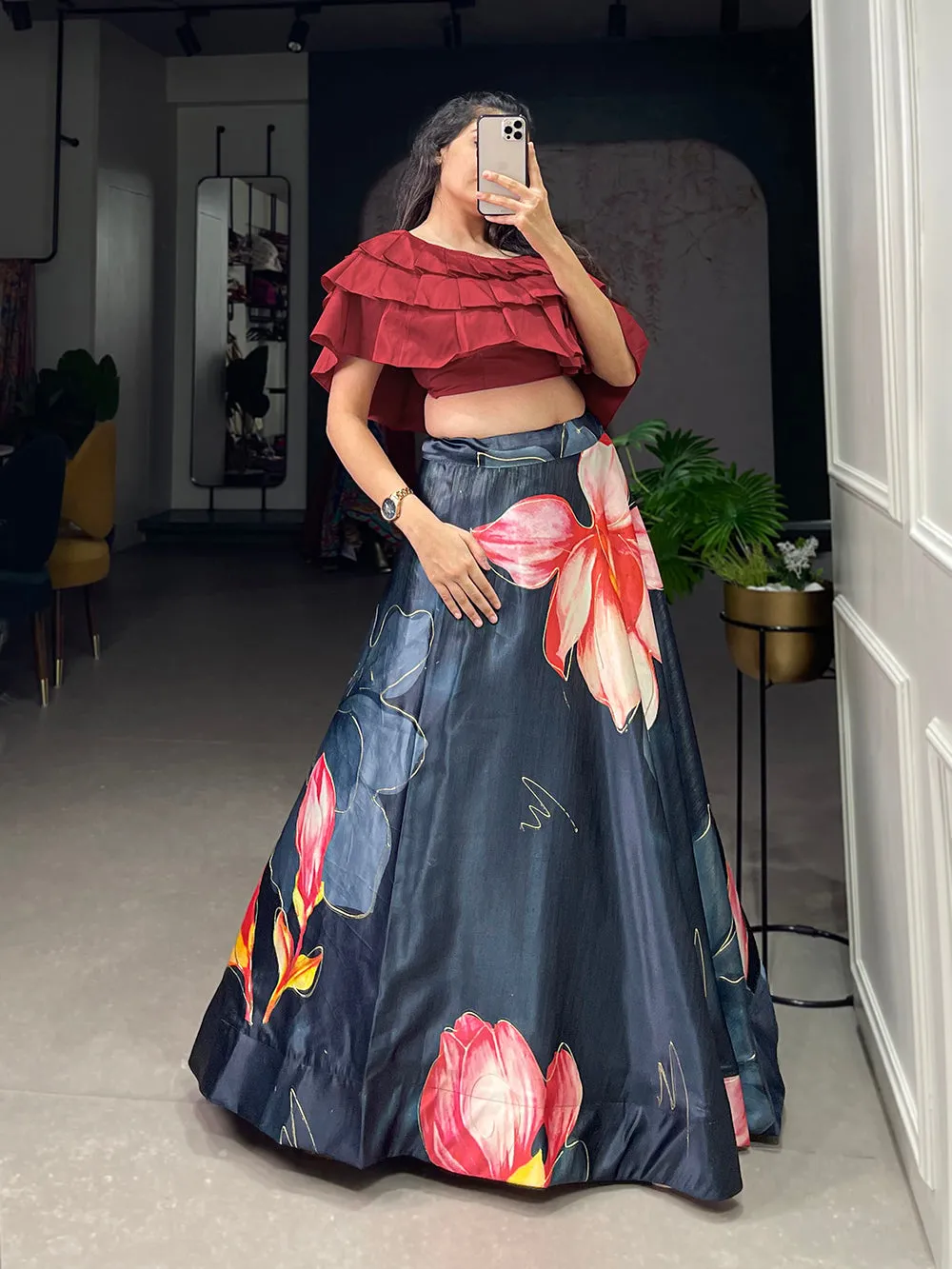 Black Color Digital Print With Foil Work Zari Satin Co-ord Set Lehenga Choli