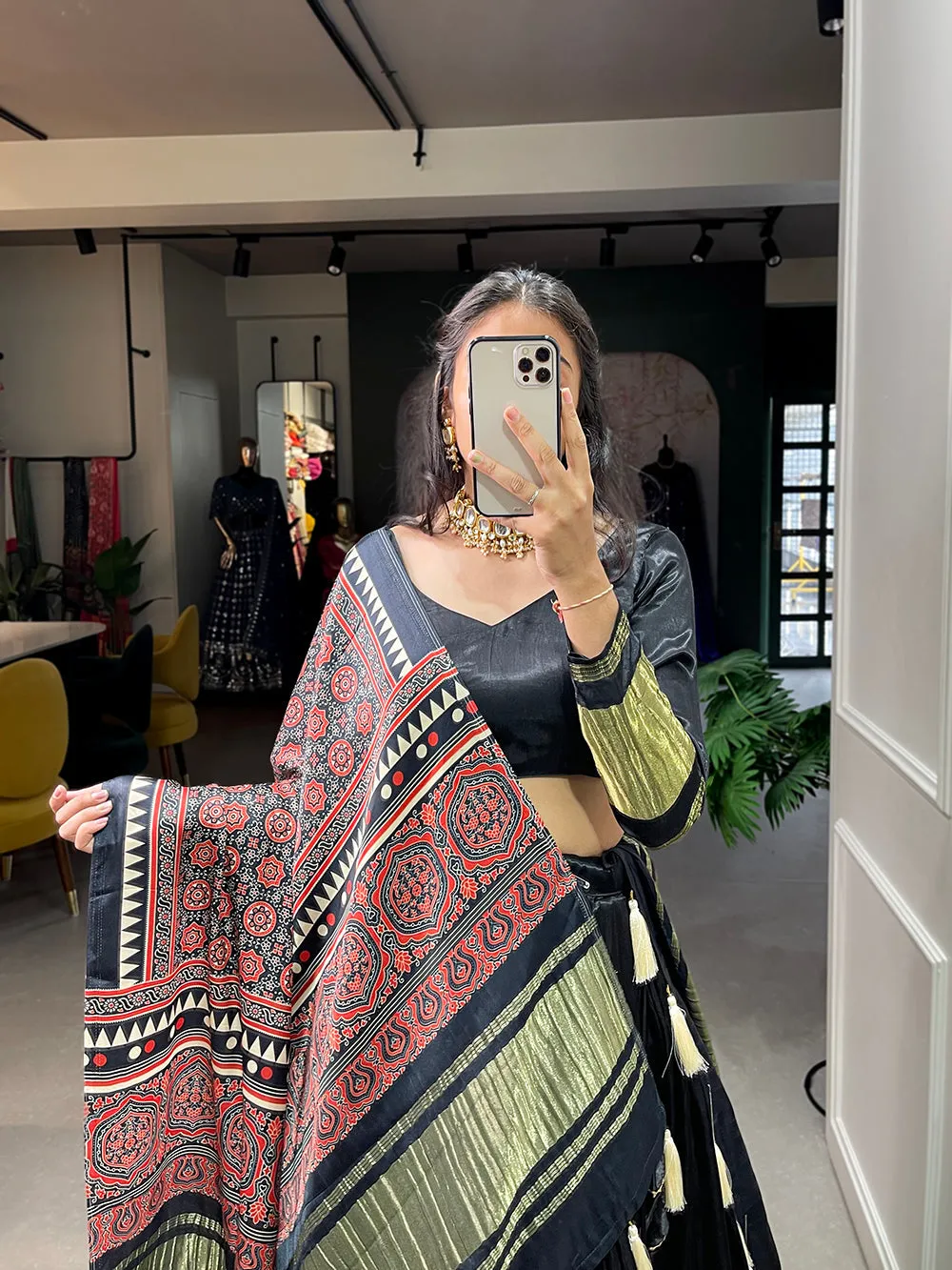 Black Color Dyeing With Lagdi Patta Gaji Silk Lehenga Choli