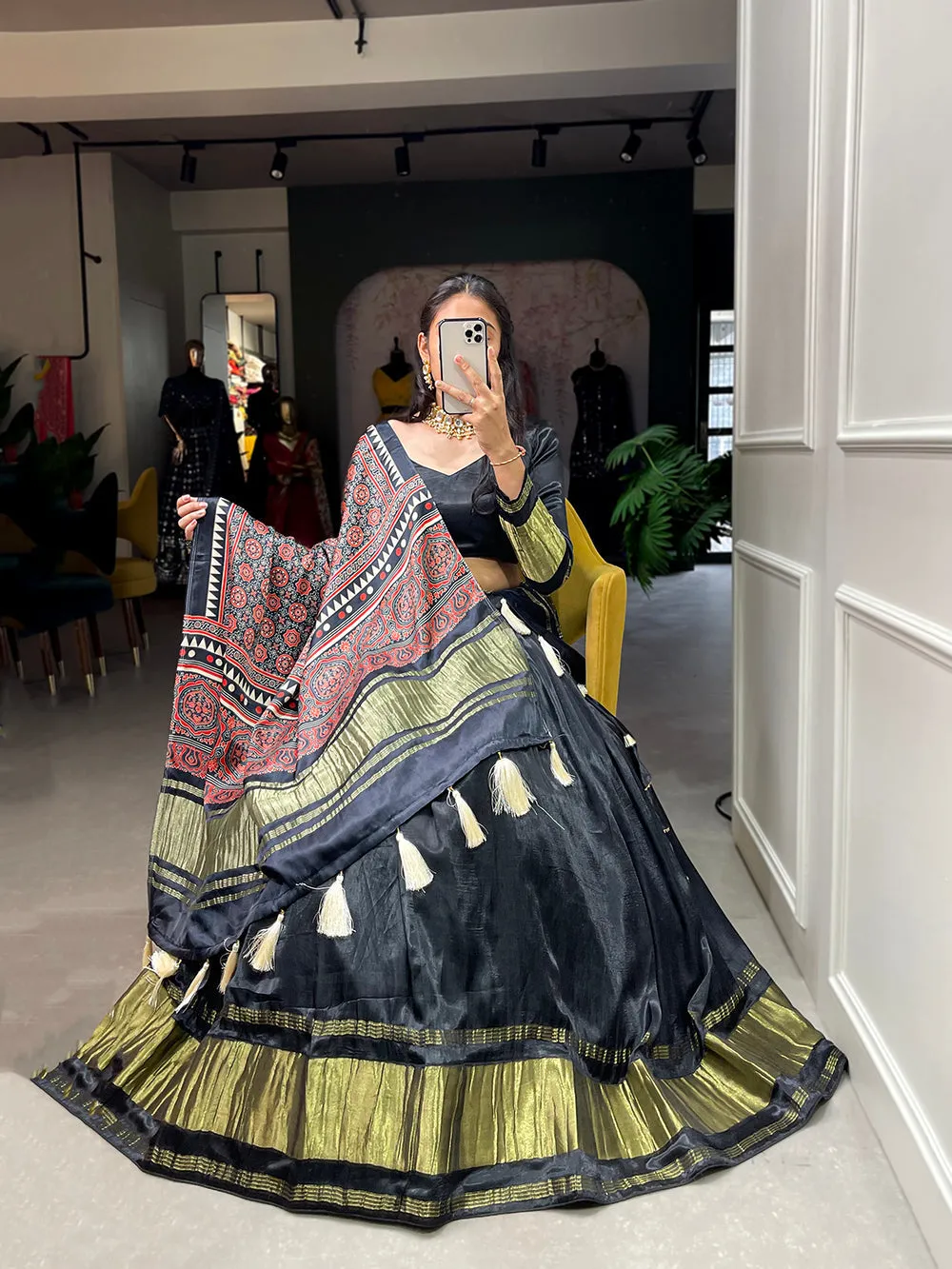 Black Color Dyeing With Lagdi Patta Gaji Silk Lehenga Choli