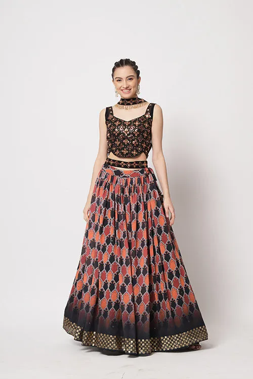 Black Georgette Print With Sequins Embroidered Work Lehenga Choli
