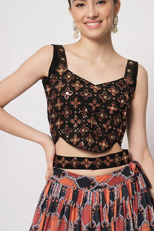 Black Georgette Print With Sequins Embroidered Work Lehenga Choli