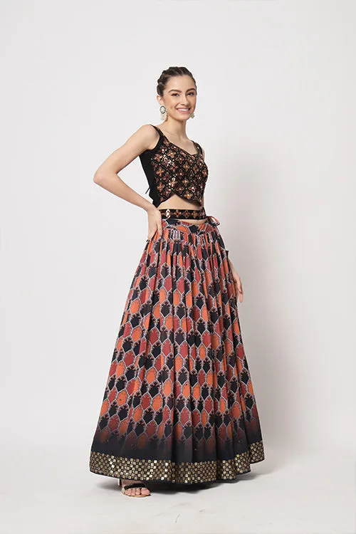 Black Georgette Print With Sequins Embroidered Work Lehenga Choli
