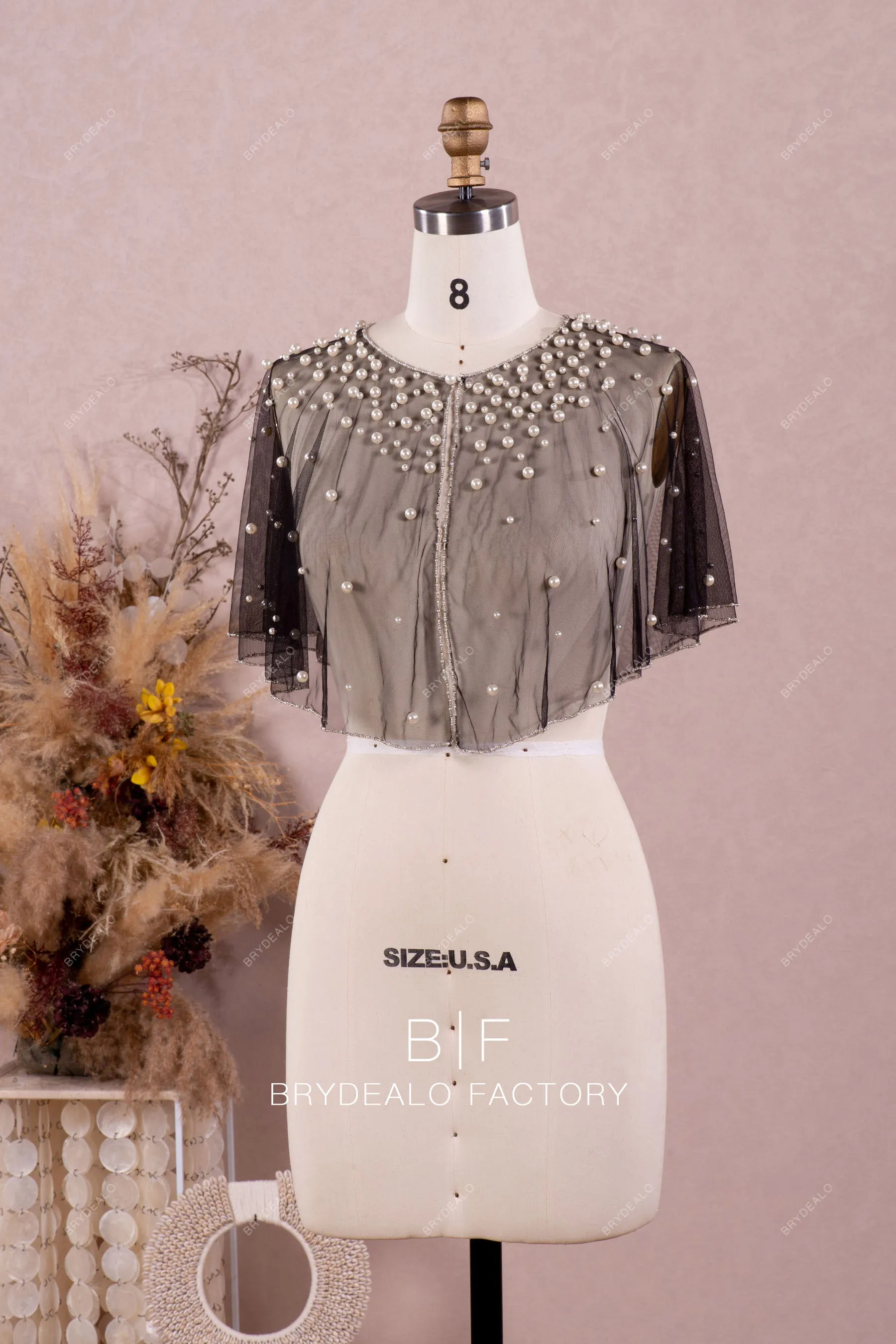 Black Tulle Bridal Cape with Beading & Pearls