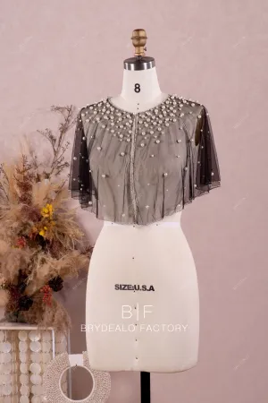 Black Tulle Bridal Cape with Beading & Pearls