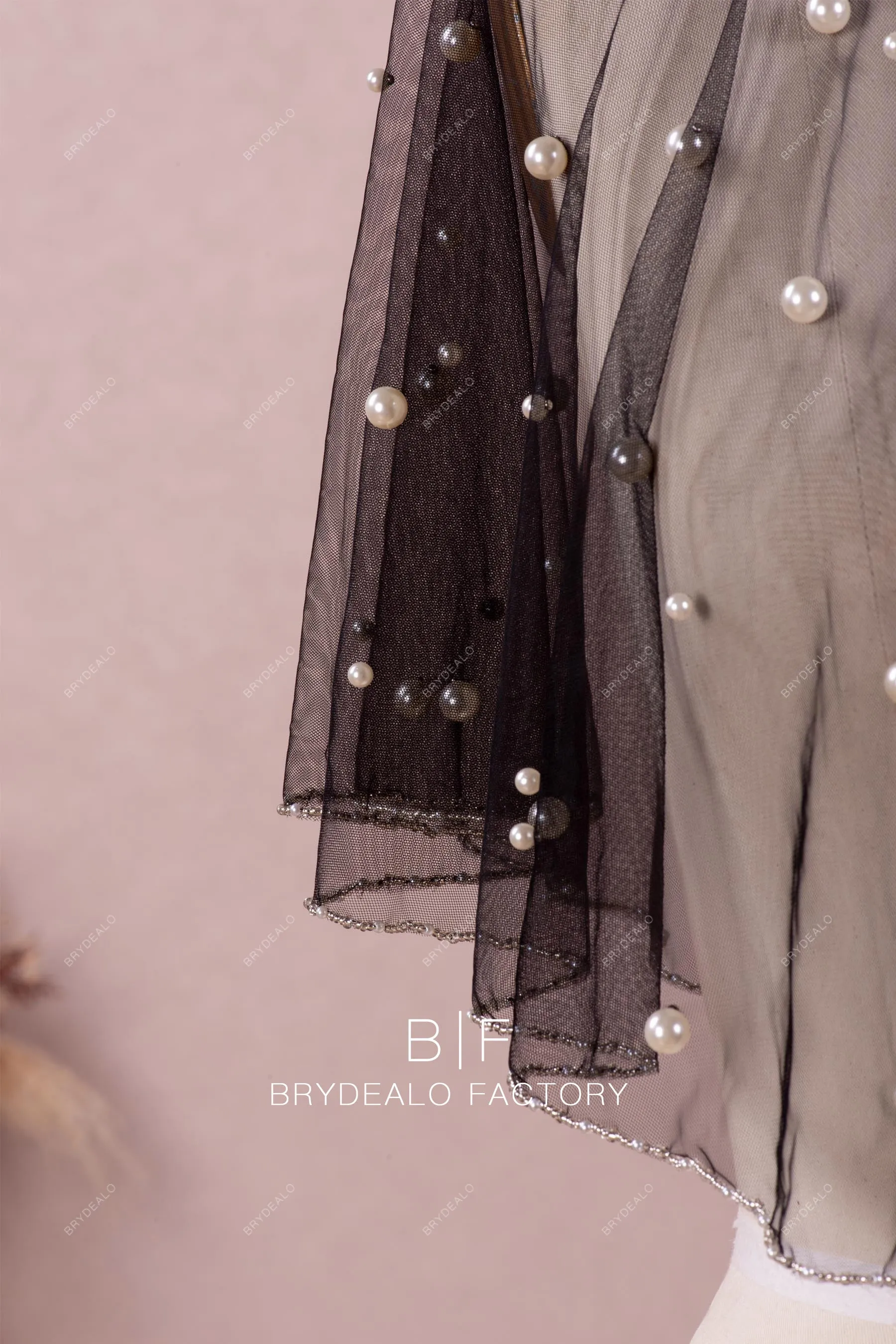 Black Tulle Bridal Cape with Beading & Pearls