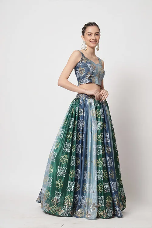 Blue Chinon Silk Print With Sequins Embroidered Work Lehenga Choli