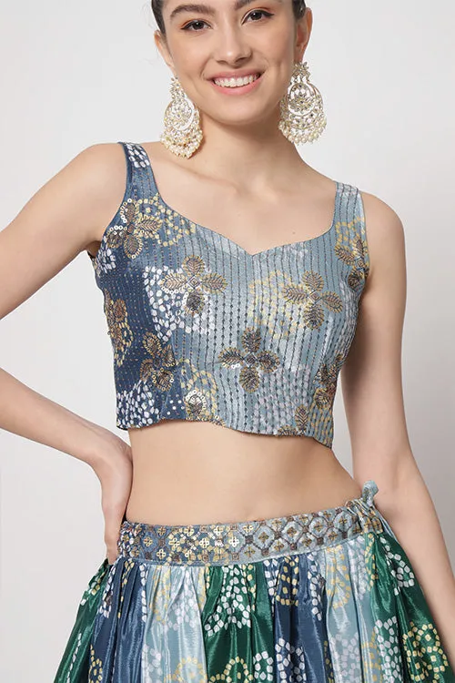 Blue Chinon Silk Print With Sequins Embroidered Work Lehenga Choli
