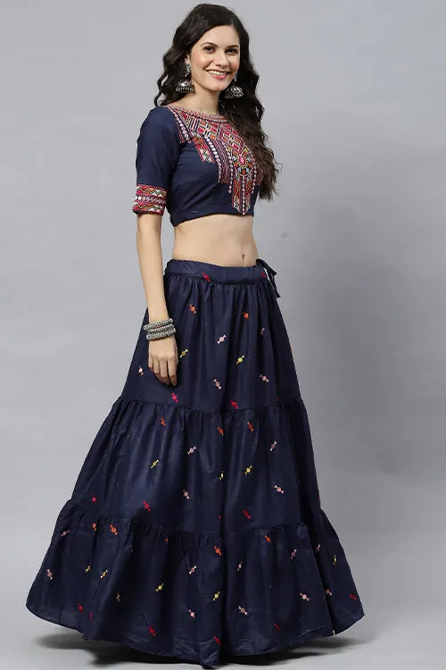 Blue Cotton Multi Embroidered Work Lehenga Choli