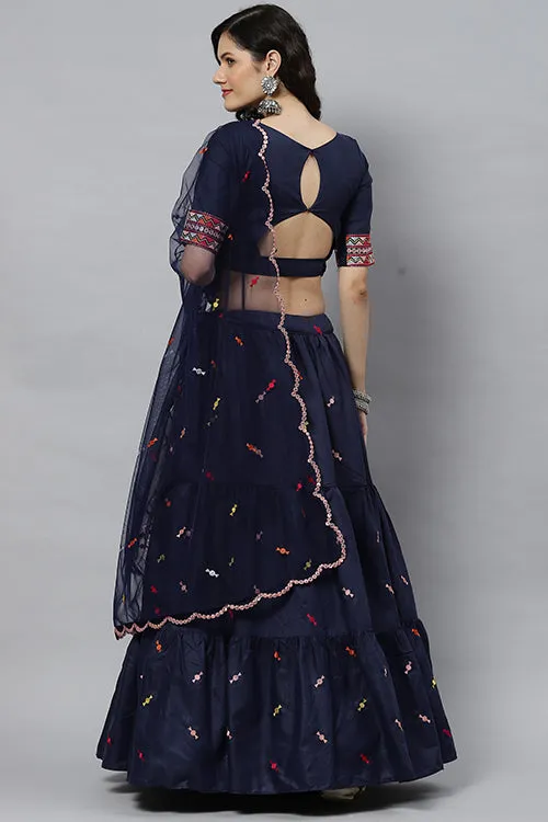 Blue Cotton Multi Embroidered Work Lehenga Choli