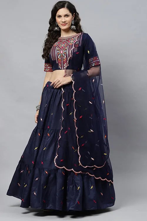 Blue Cotton Multi Embroidered Work Lehenga Choli