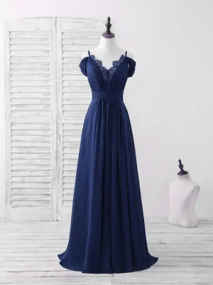 Blue Lace Chiffon Long Prom Dress Blue Bridesmaid Dress