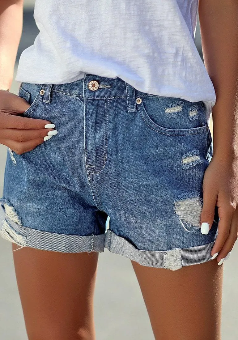 Blue Roll-Over Distressed Denim Shorts