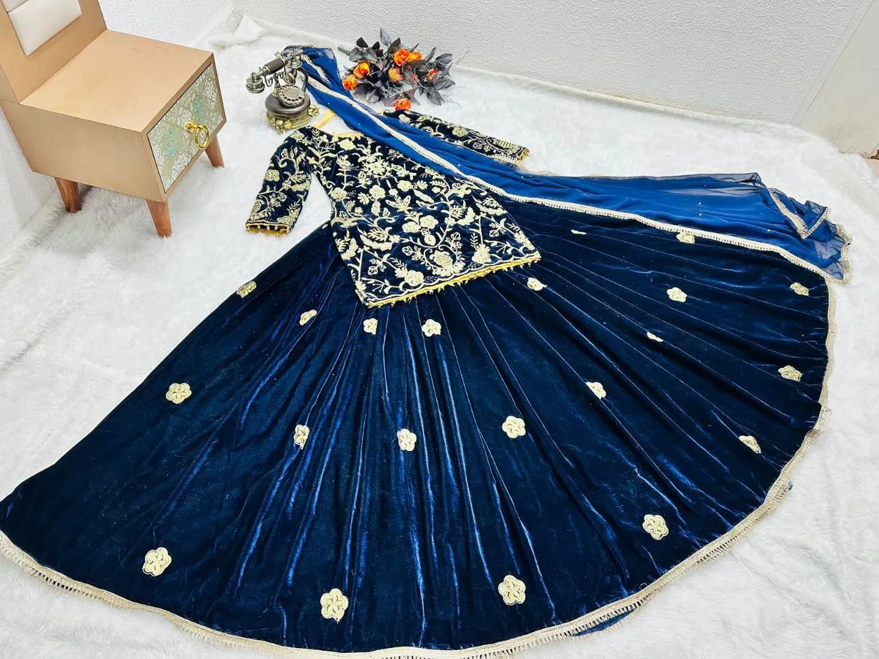Blue Velvet Lehenga Choli with Embroidery Work