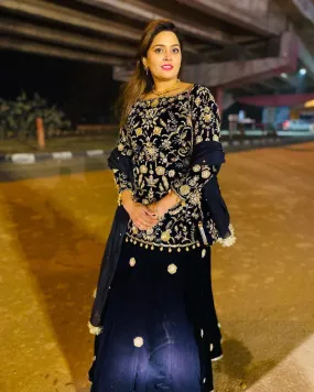 Blue Velvet Lehenga Choli with Embroidery Work
