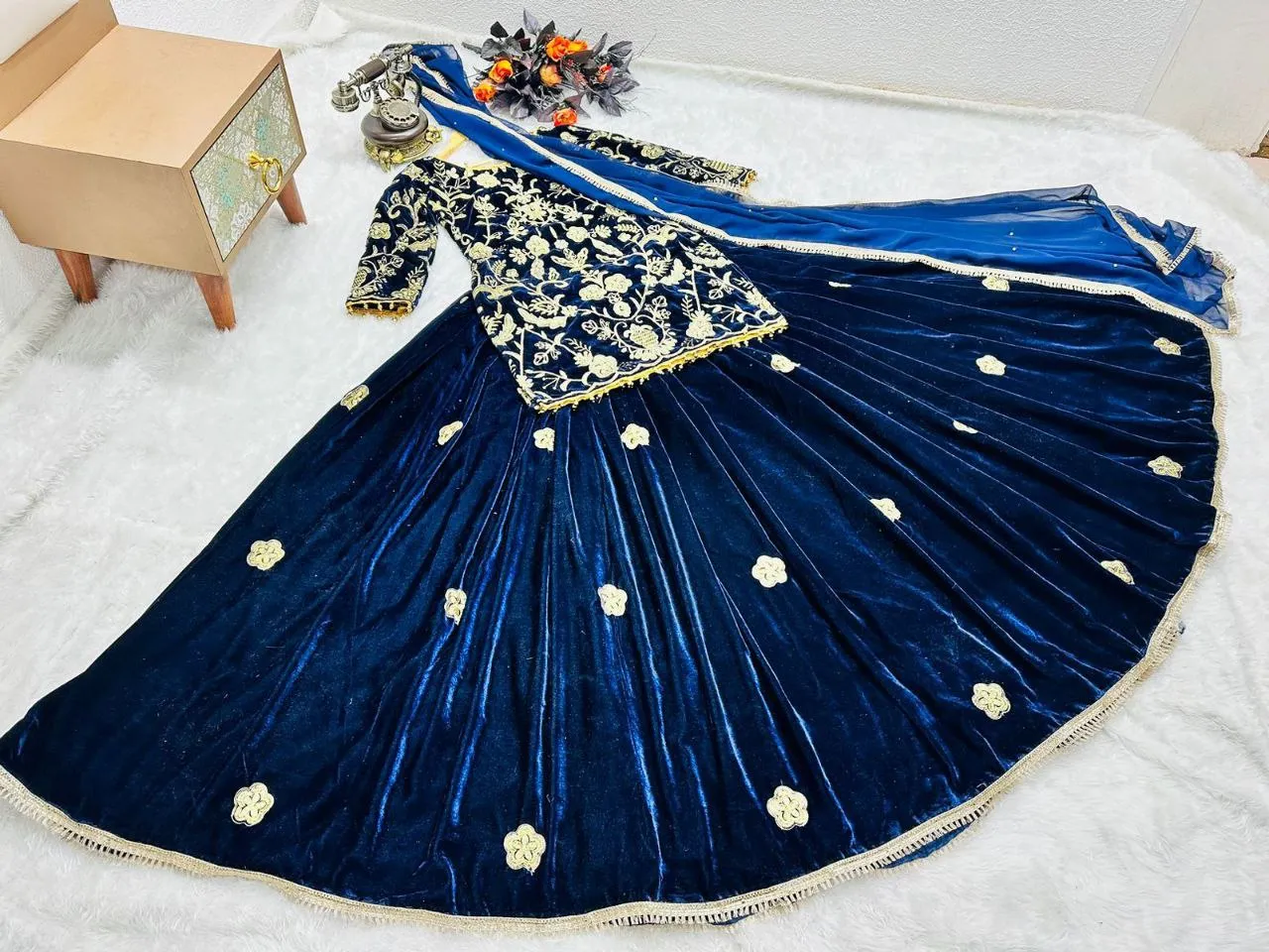 Blue Velvet Lehenga Choli with Embroidery Work