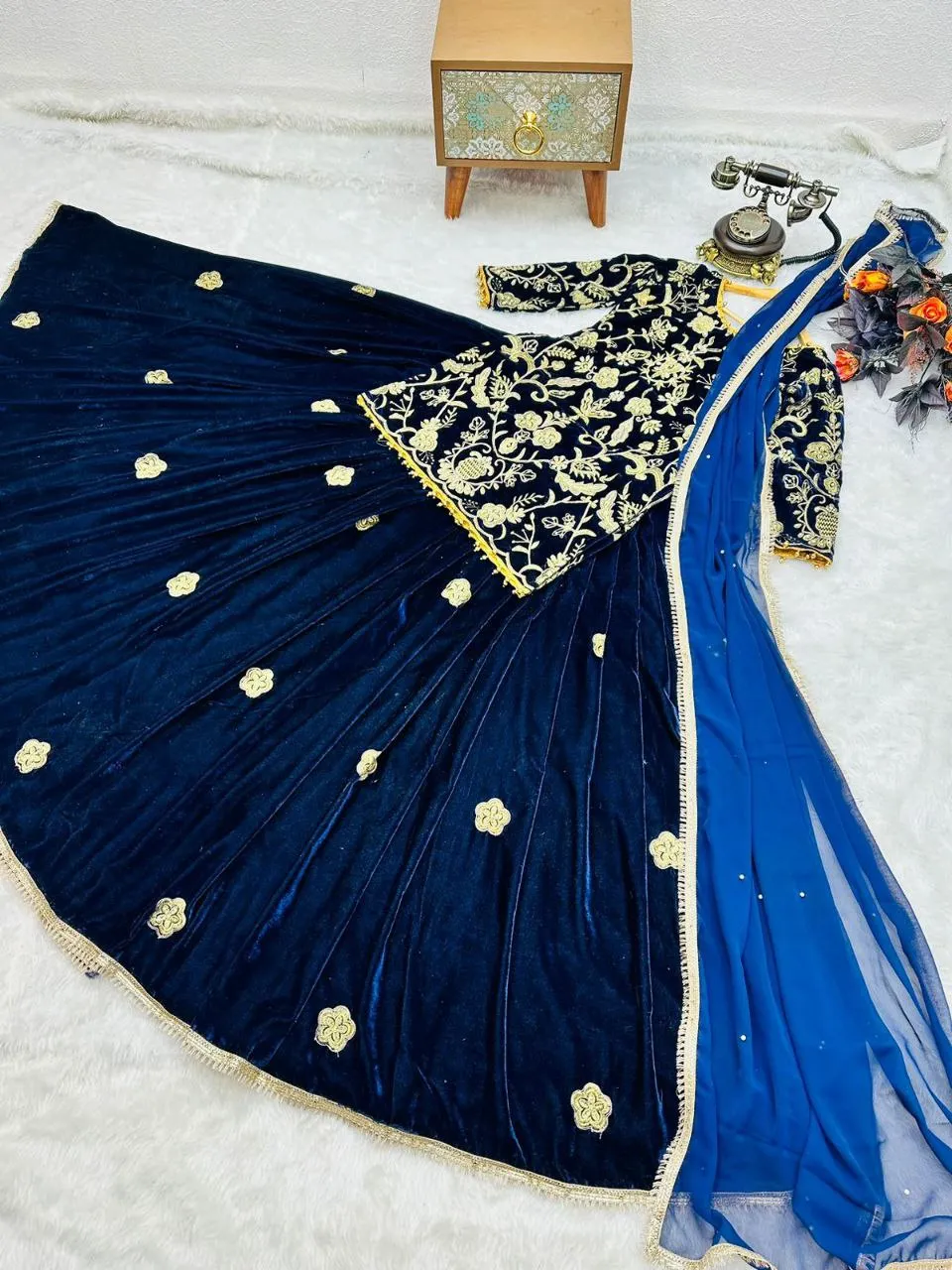 Blue Velvet Lehenga Choli with Embroidery Work