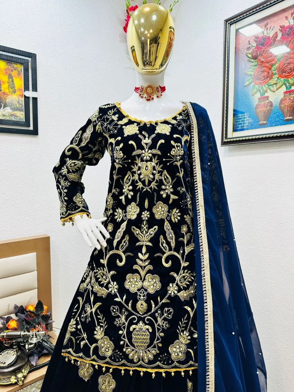 Blue Velvet Lehenga Choli with Embroidery Work