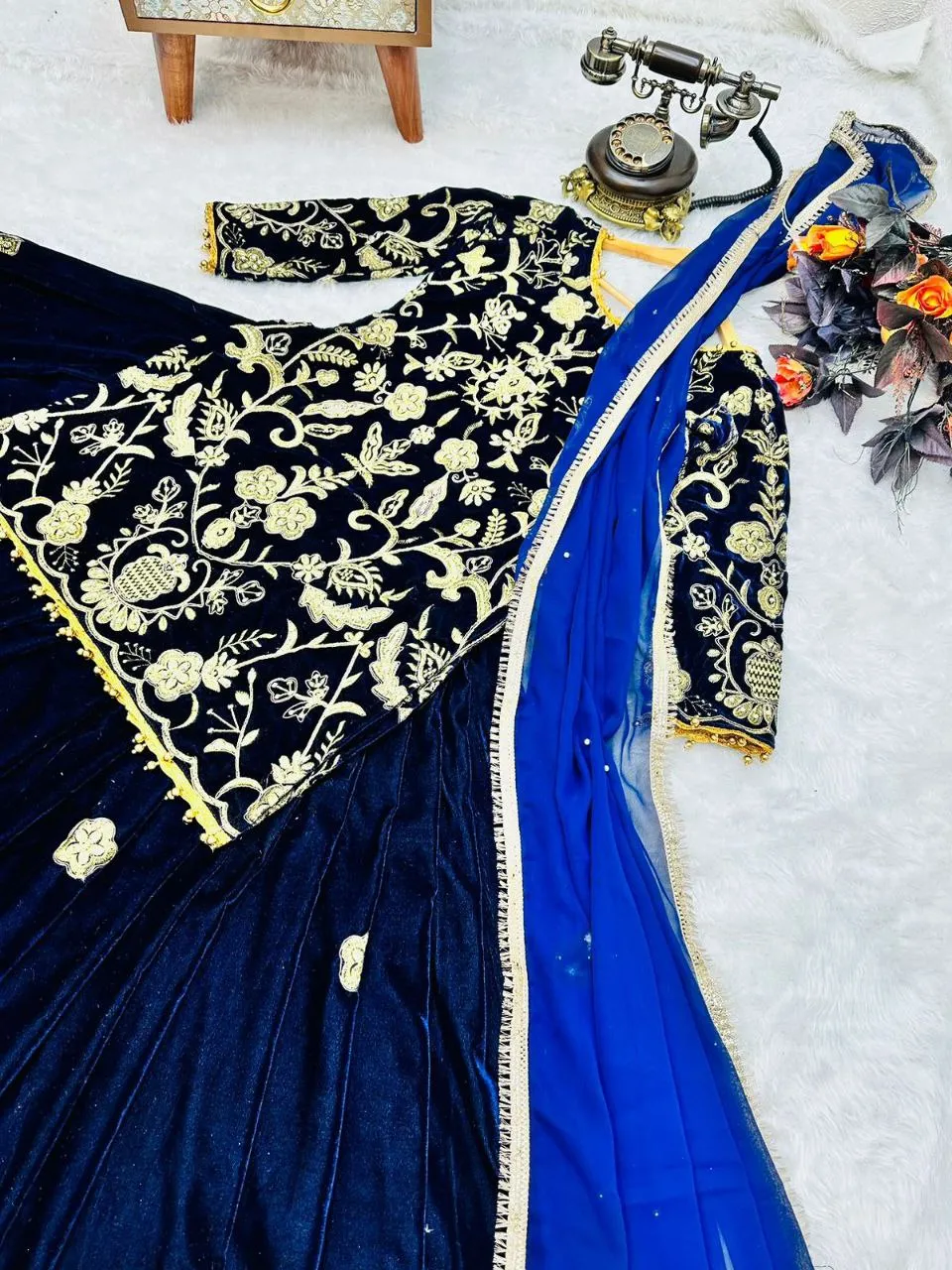 Blue Velvet Lehenga Choli with Embroidery Work