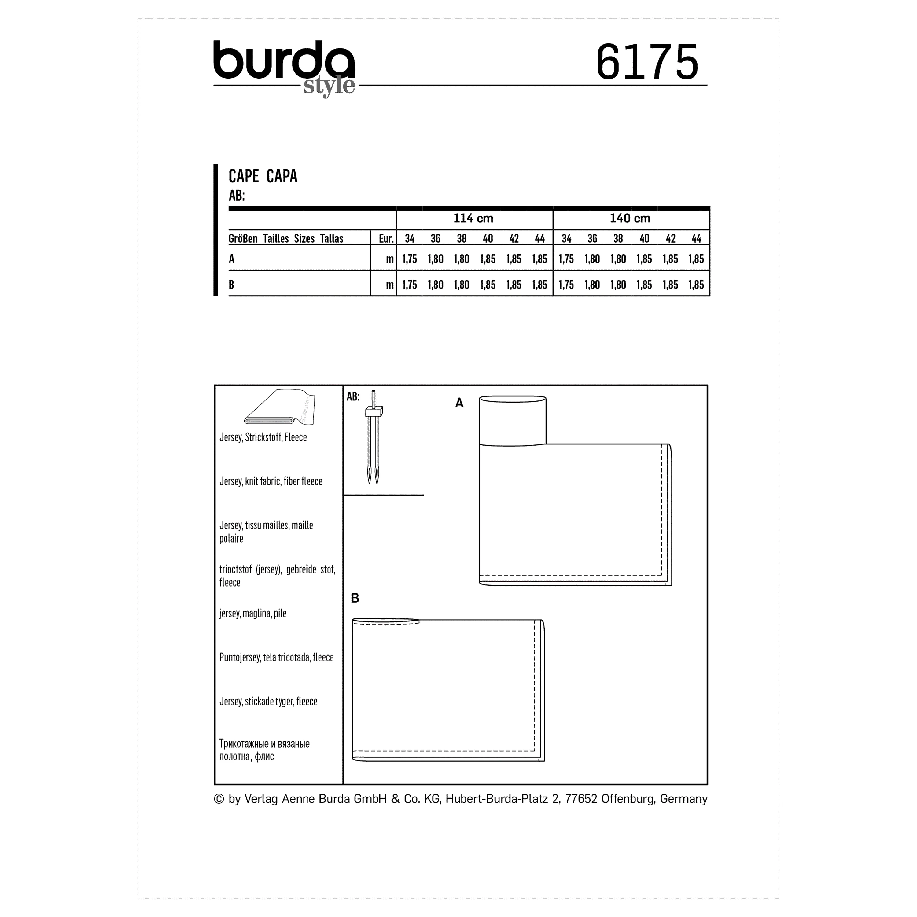 Burda Pattern 6175 Misses' Cape – Rectangular – with roll neck