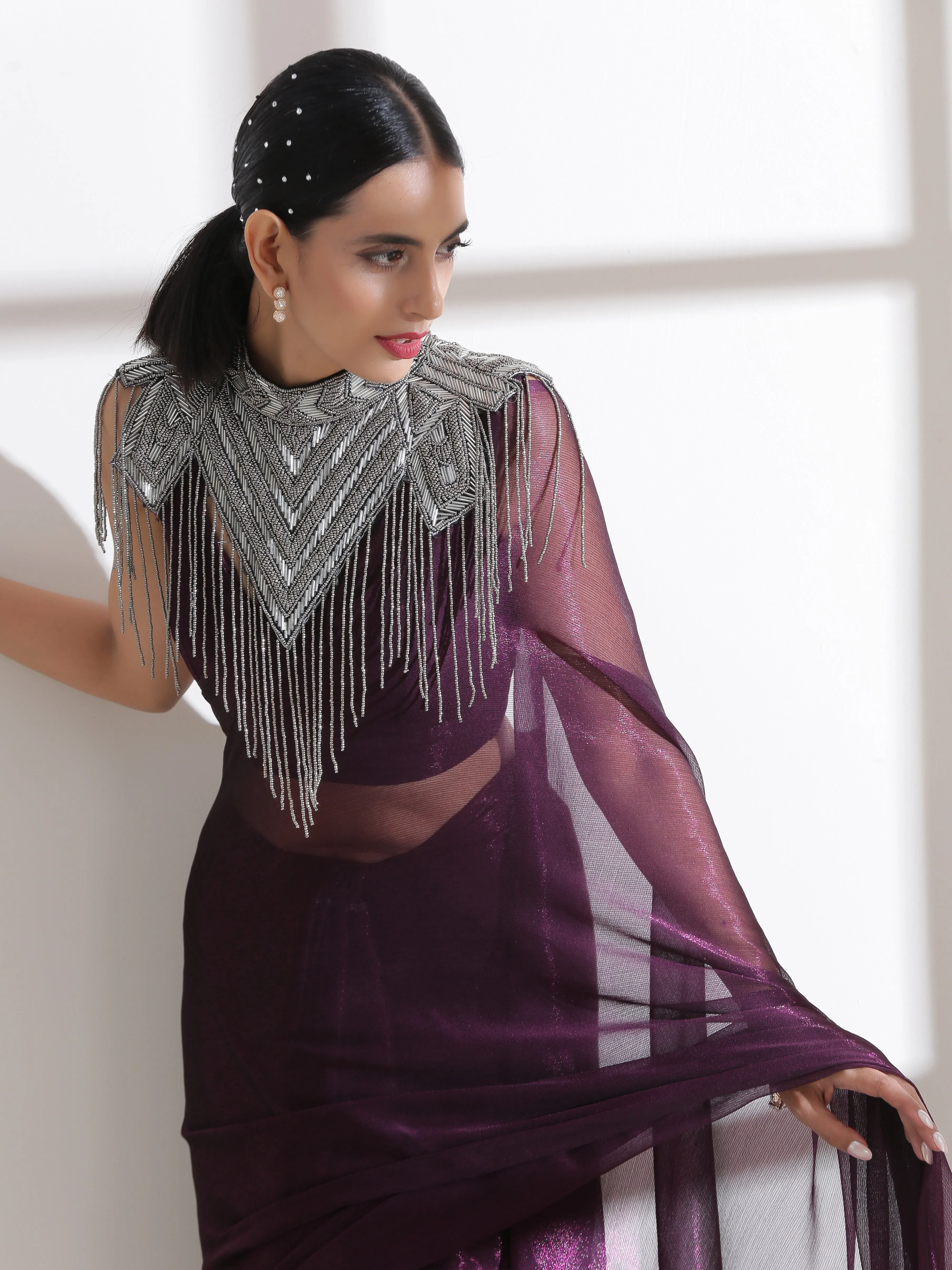 Cape - Silver Grey Beaded Diagonal Cape