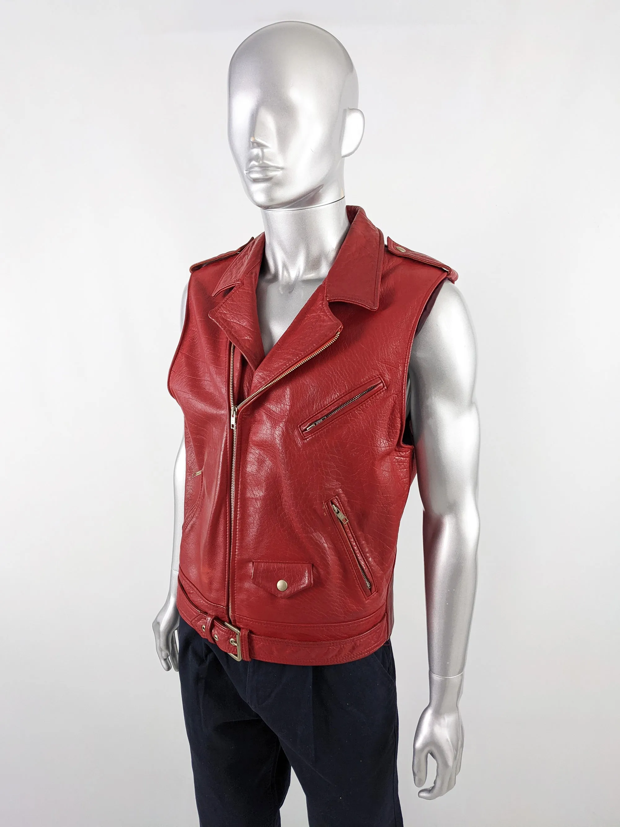 Chevignon Vintage Mens Red Leather Biker Vest, 1980s