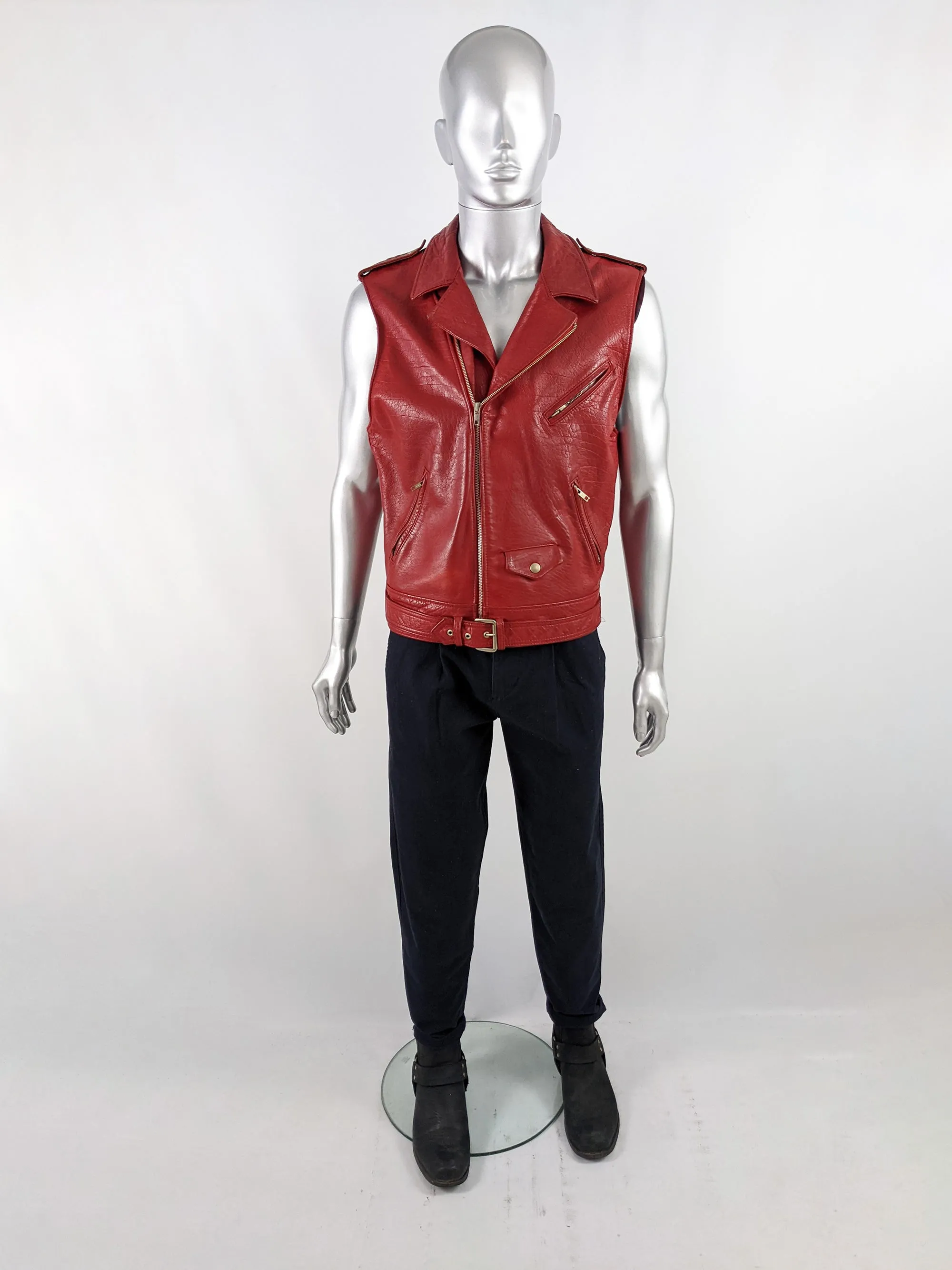 Chevignon Vintage Mens Red Leather Biker Vest, 1980s