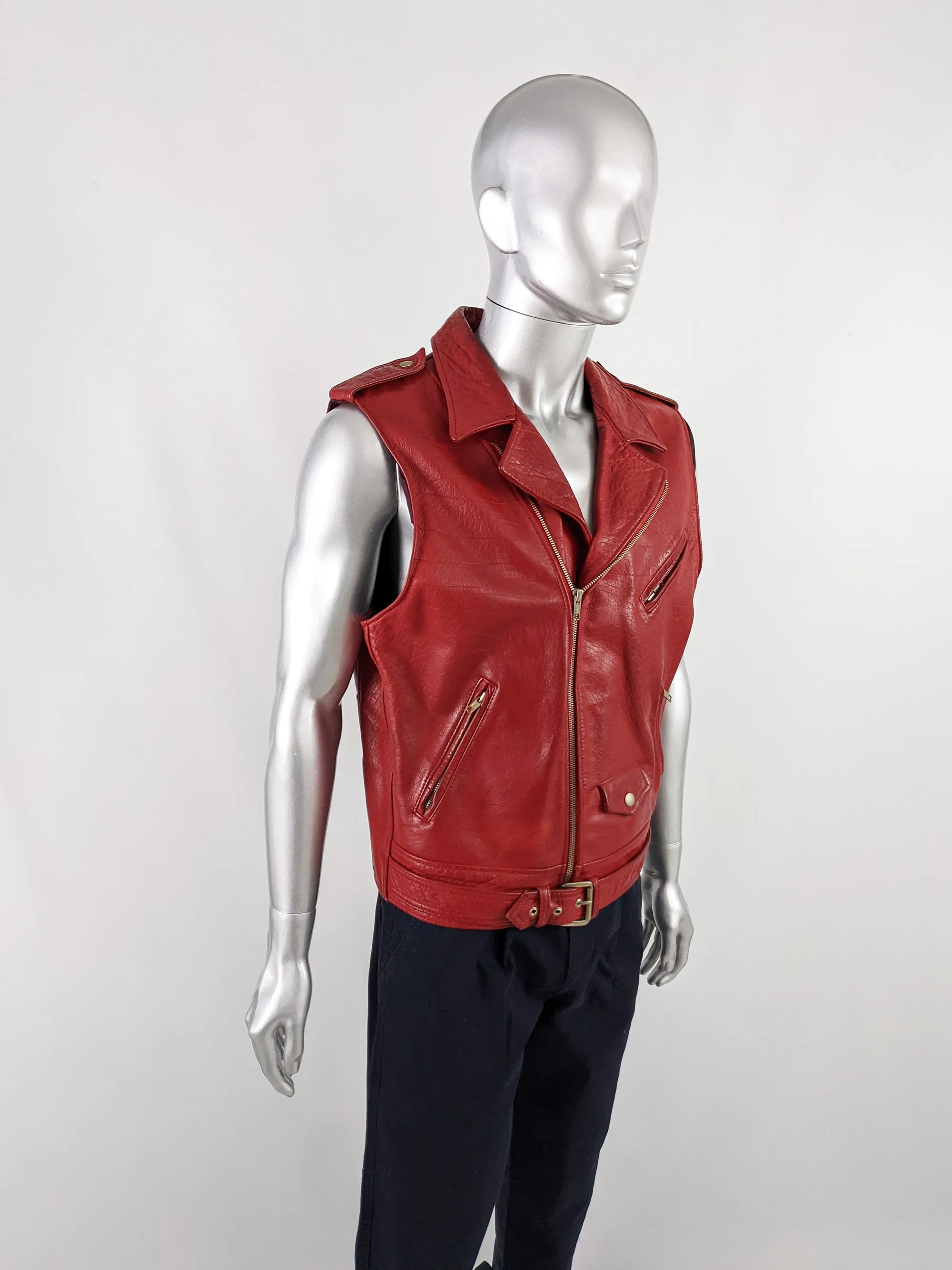 Chevignon Vintage Mens Red Leather Biker Vest, 1980s
