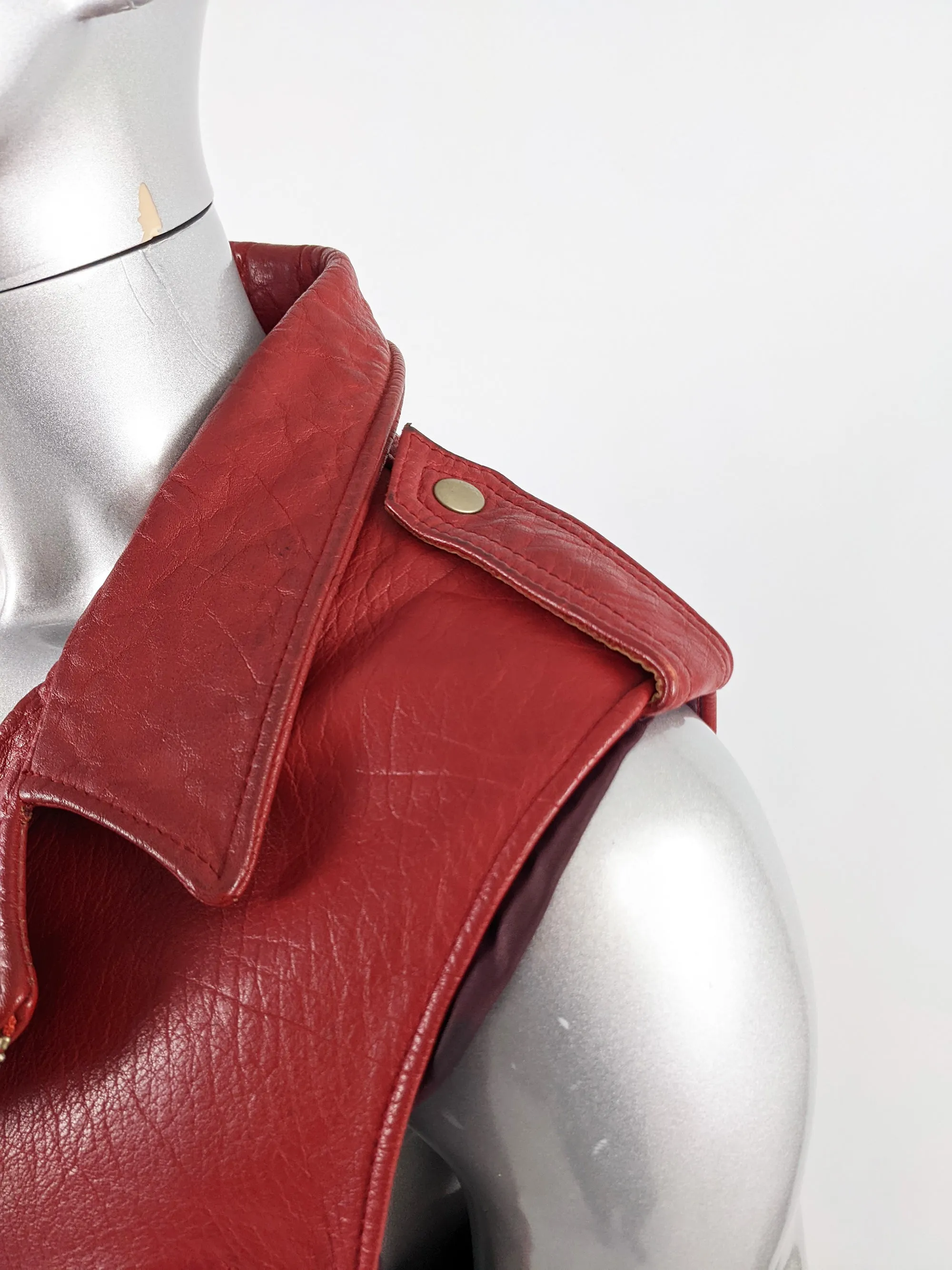 Chevignon Vintage Mens Red Leather Biker Vest, 1980s