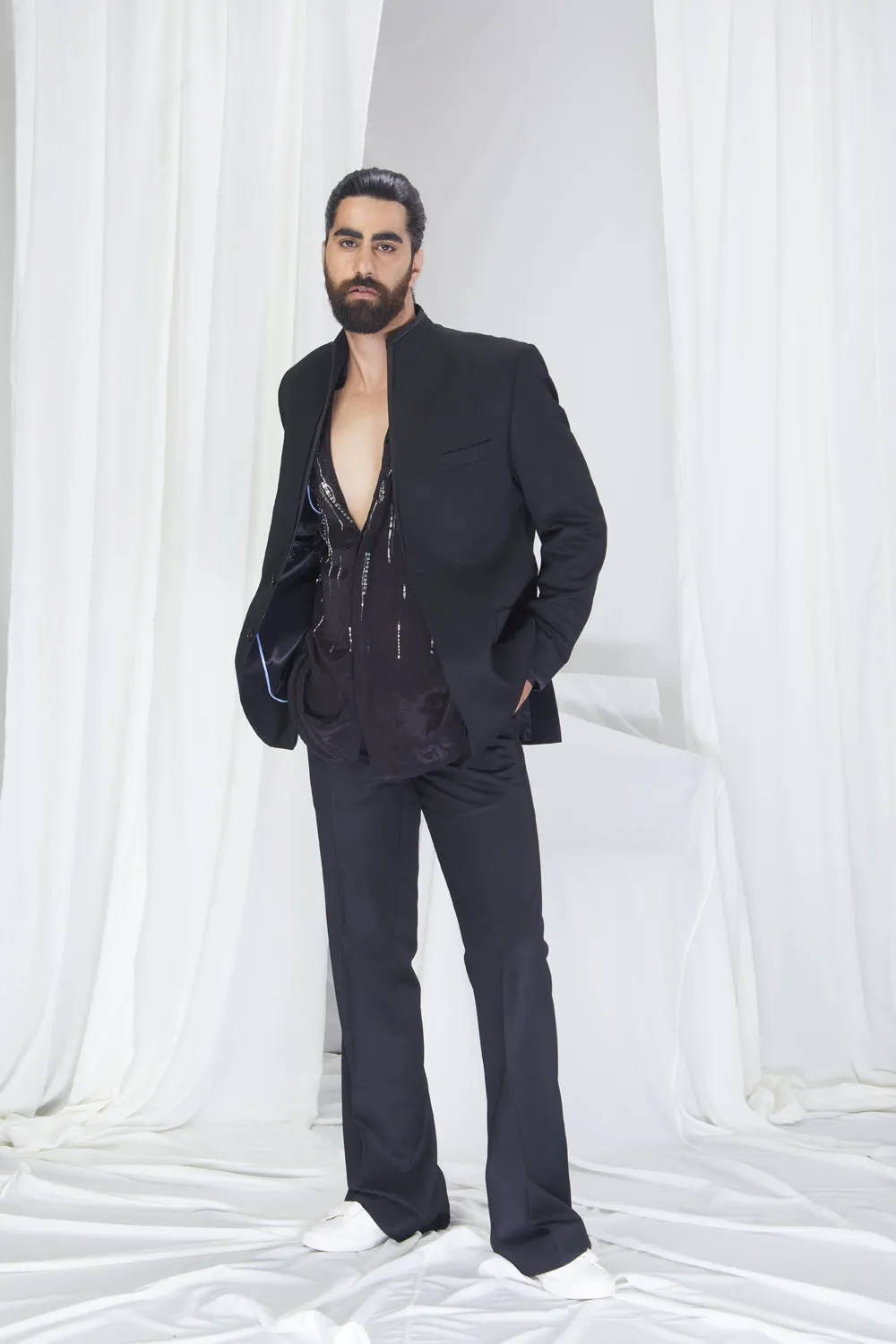 Close-Neck Jacket with Satin Detailing