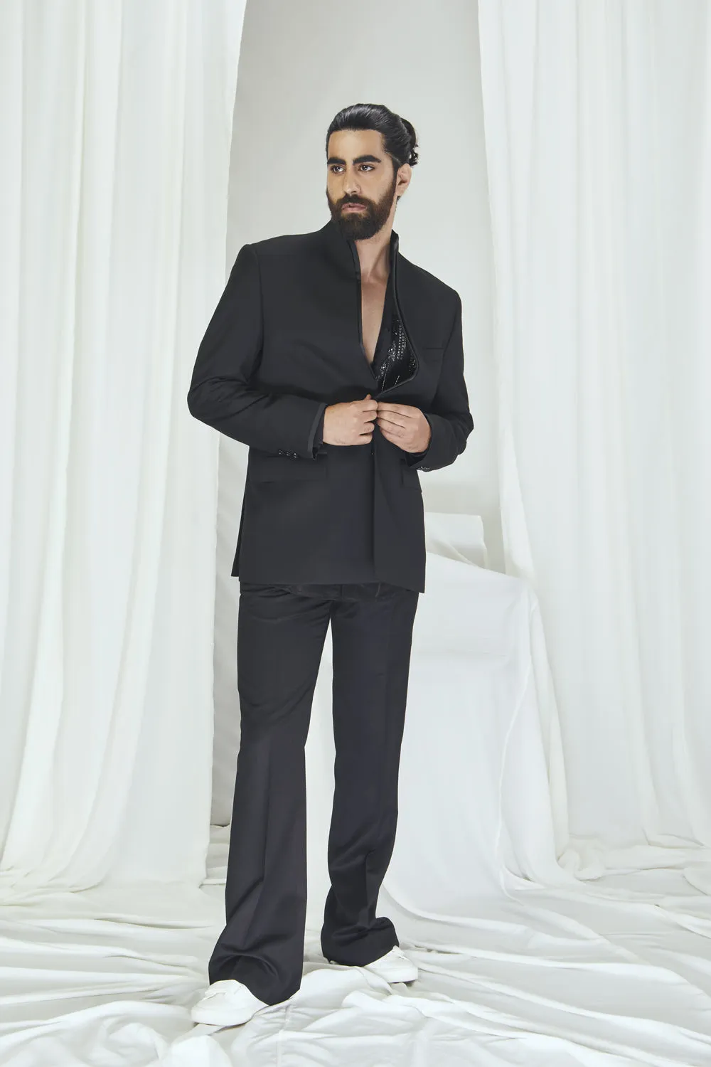 Close-Neck Jacket with Satin Detailing