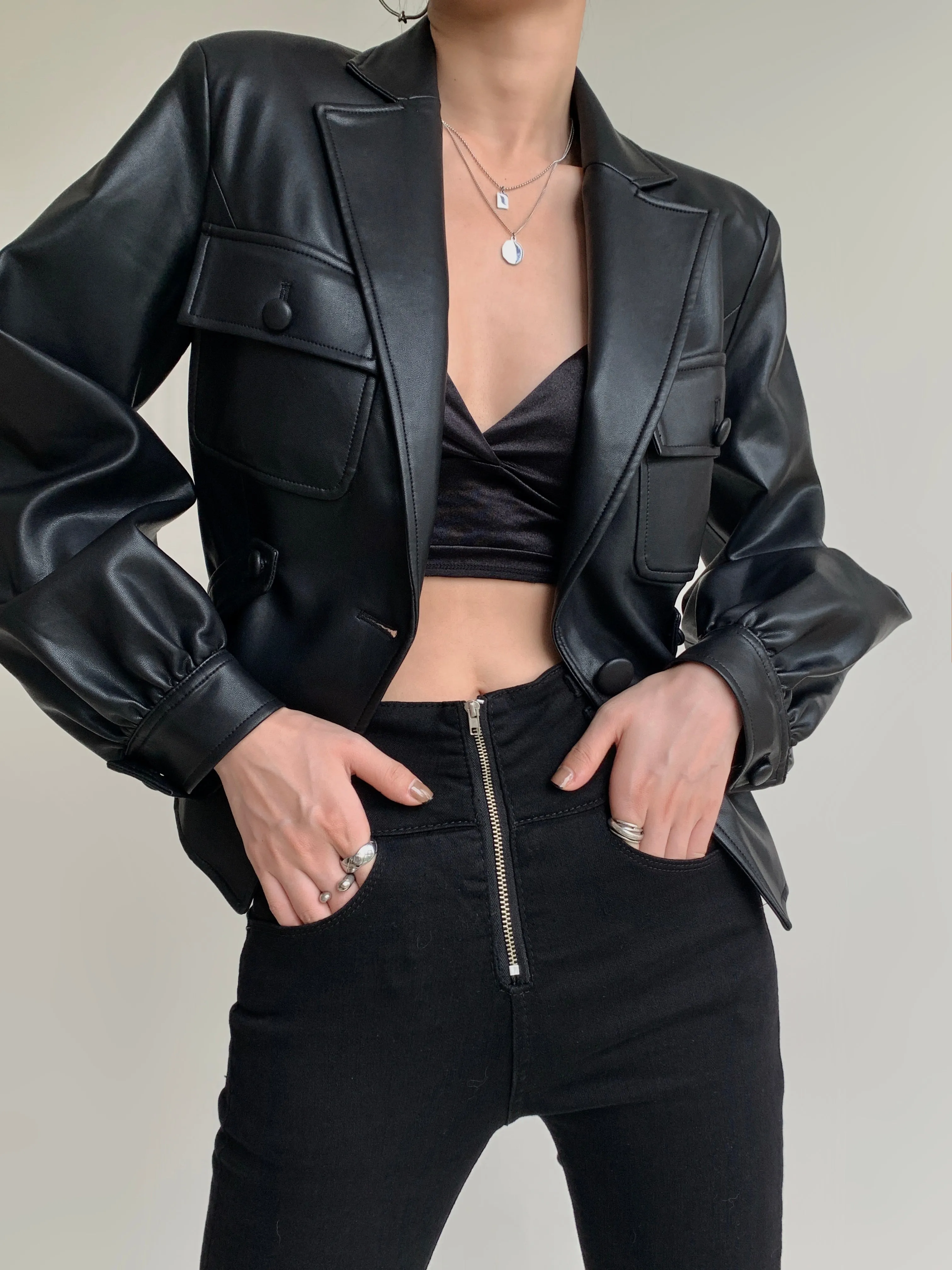 Cropped Vegan Leather Jacket - Black