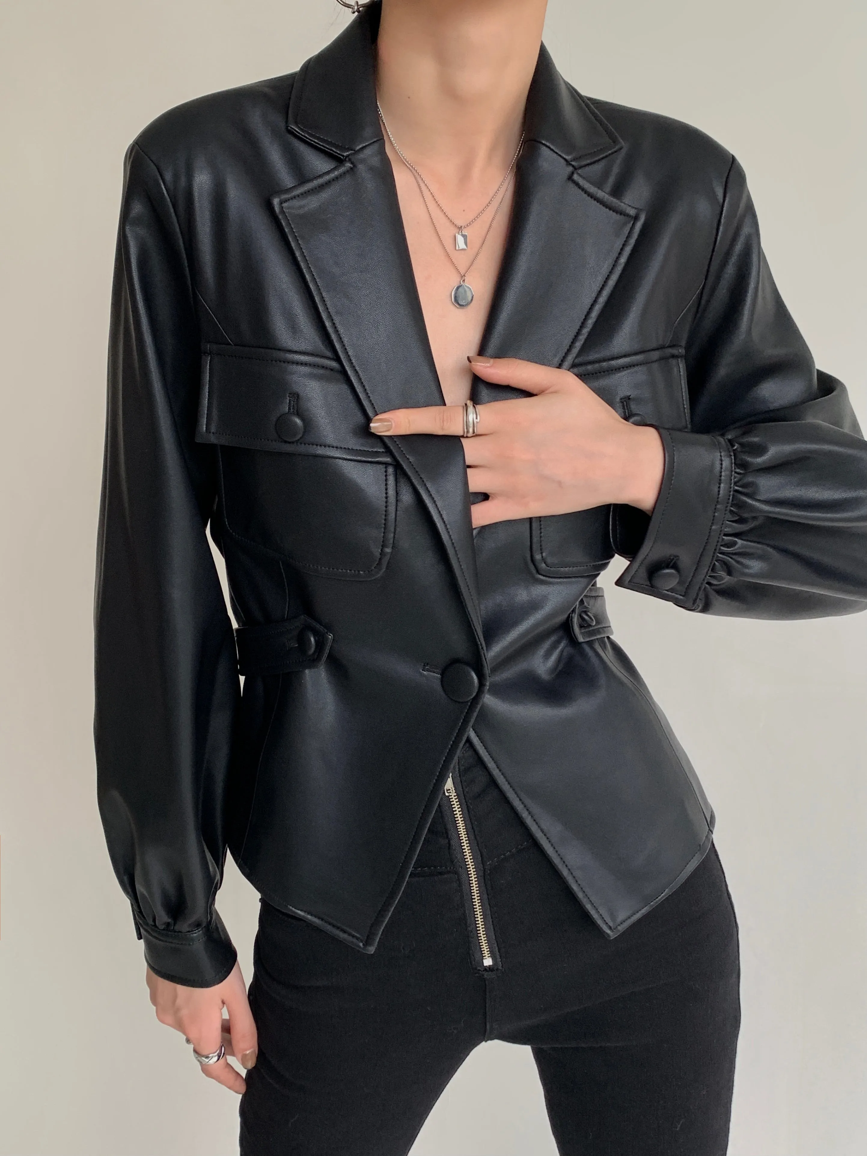 Cropped Vegan Leather Jacket - Black