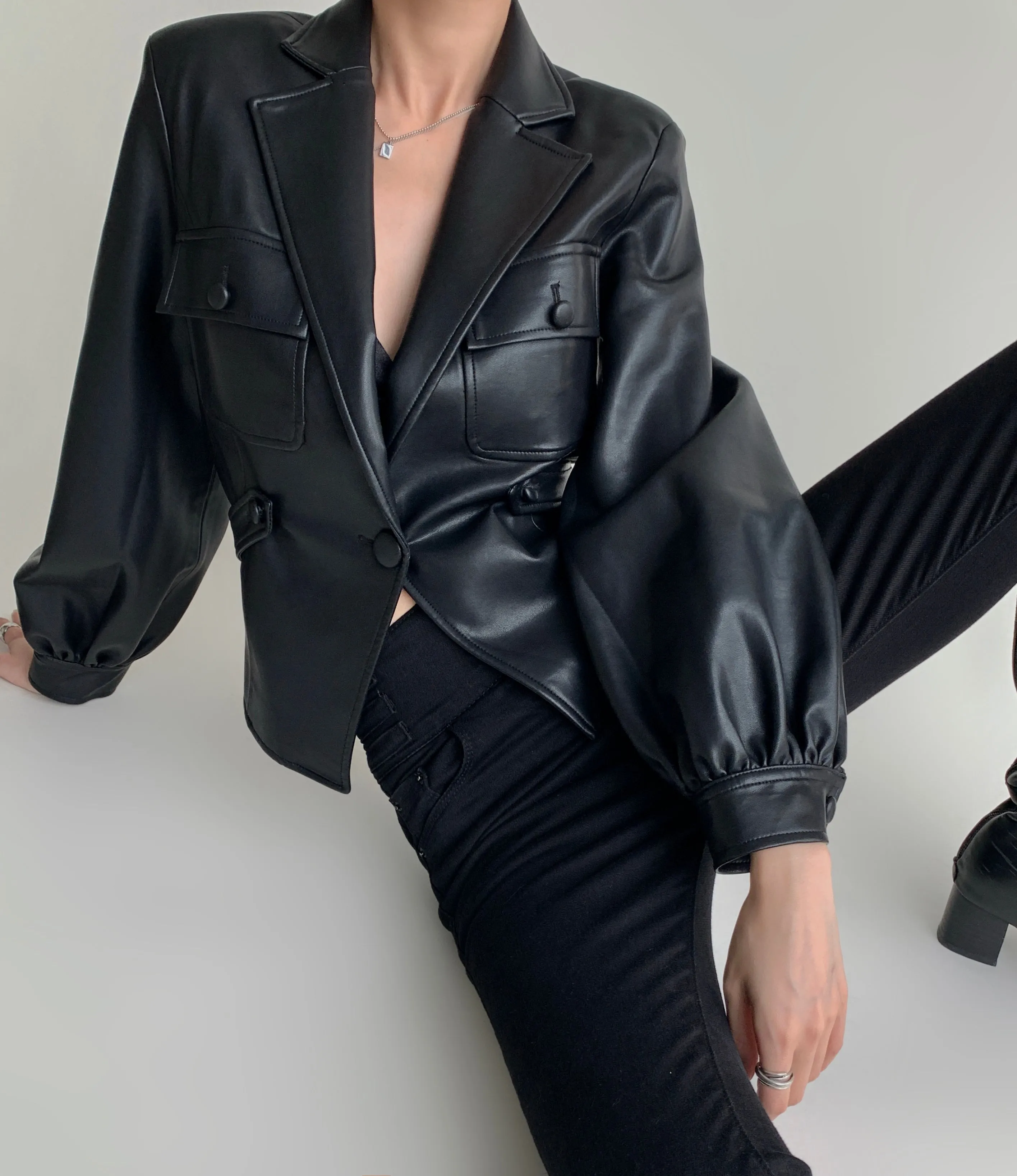 Cropped Vegan Leather Jacket - Black