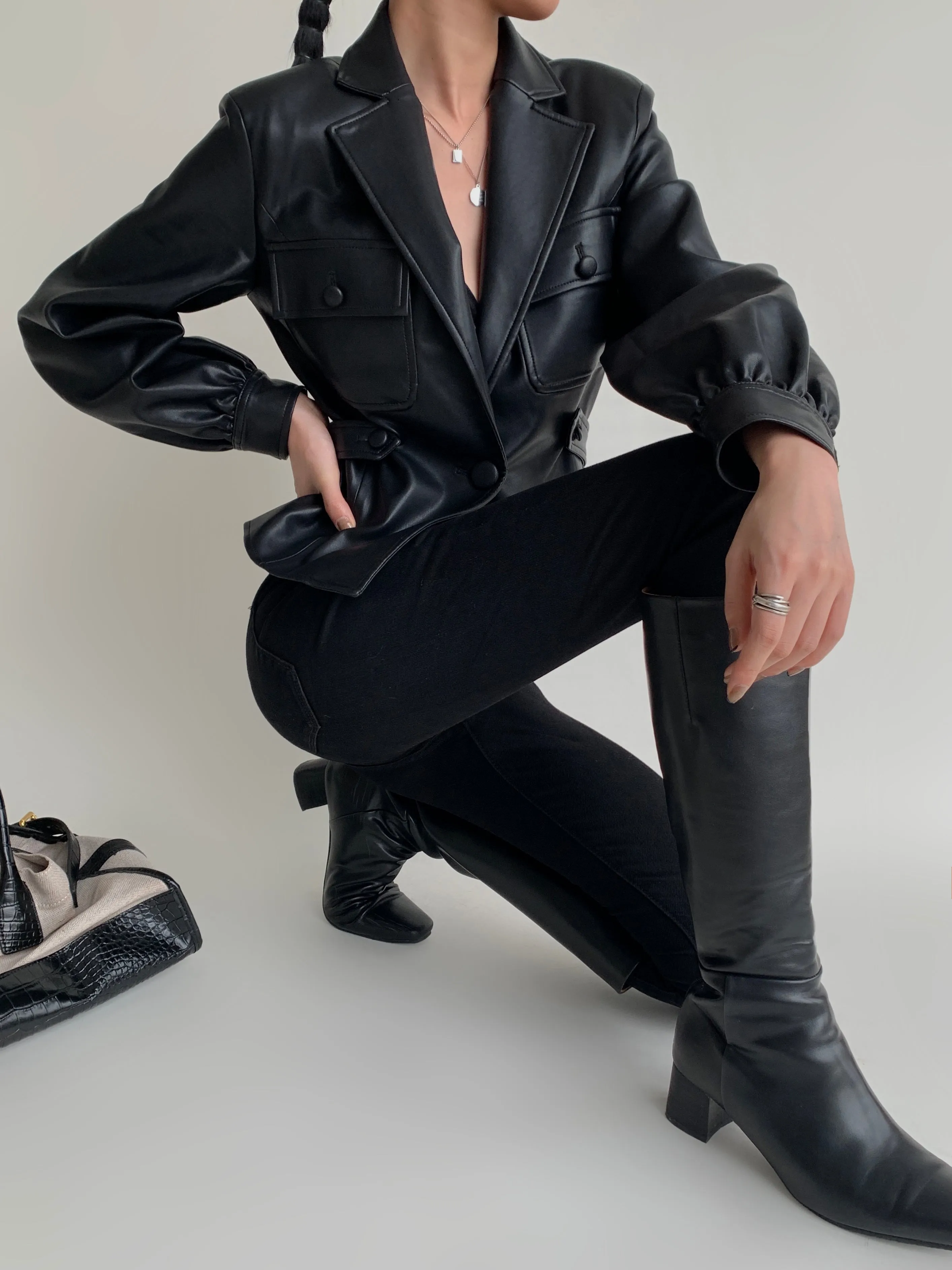 Cropped Vegan Leather Jacket - Black