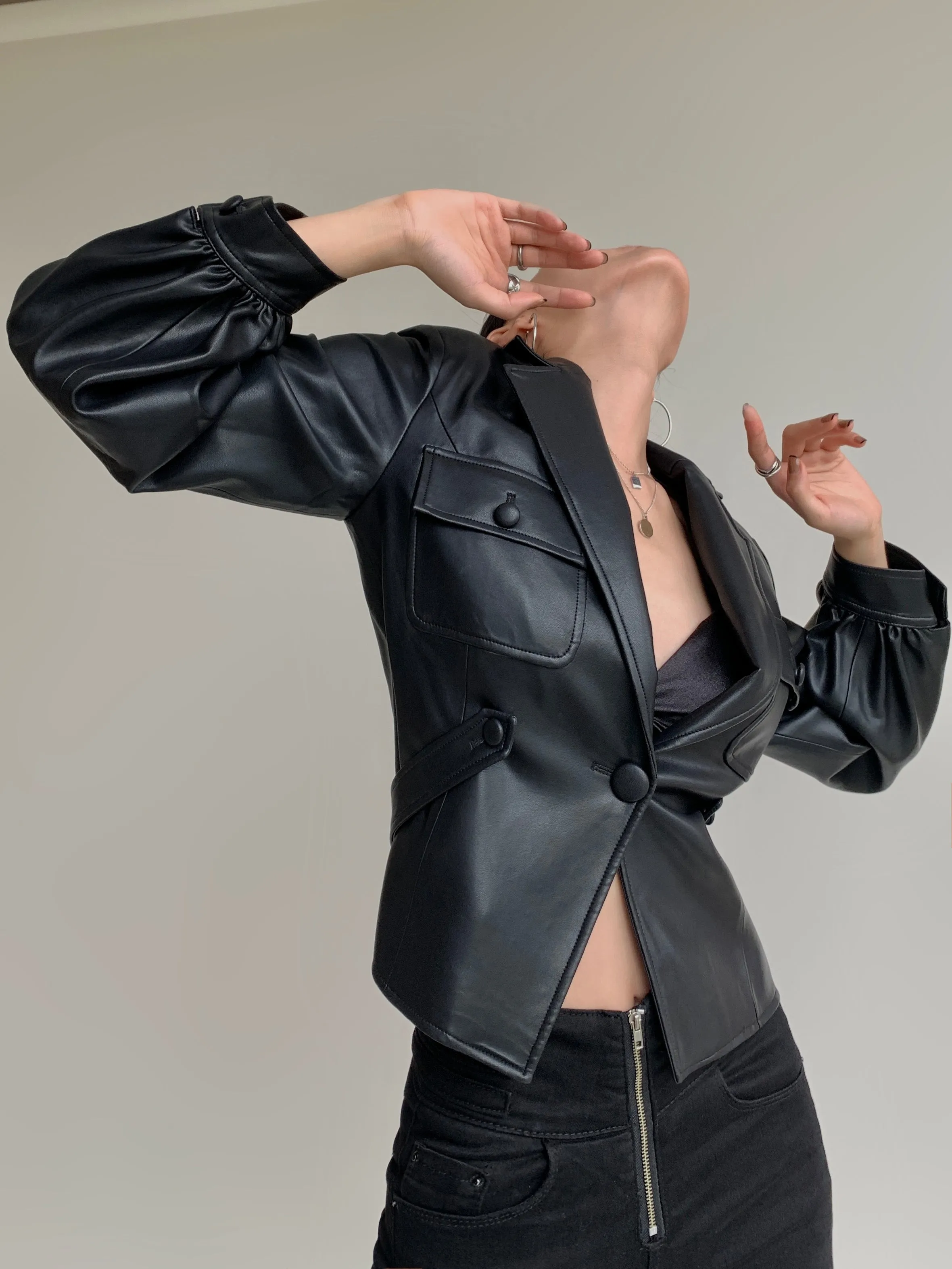 Cropped Vegan Leather Jacket - Black