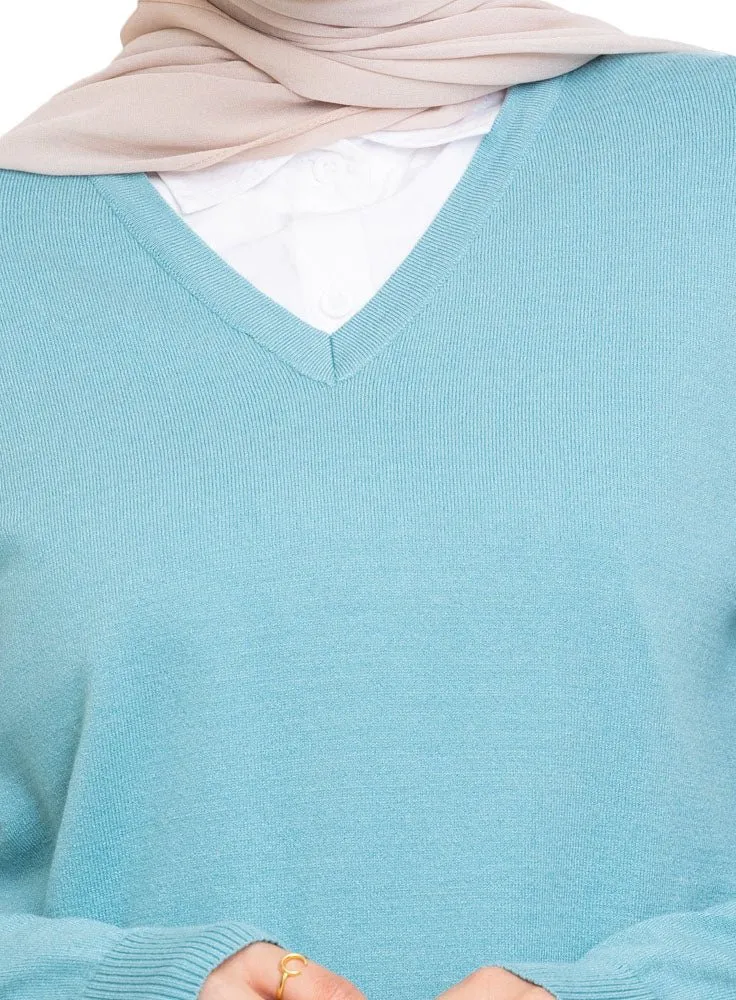 Deep Aqua V-Neck Knit Pullover
