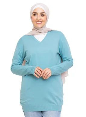 Deep Aqua V-Neck Knit Pullover