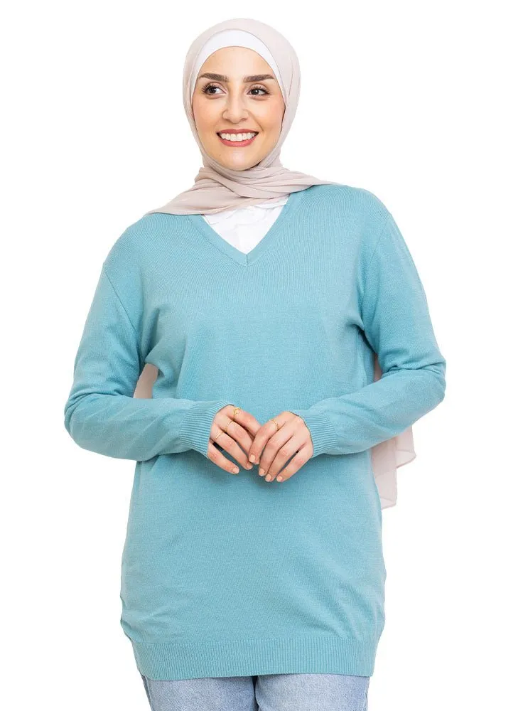 Deep Aqua V-Neck Knit Pullover
