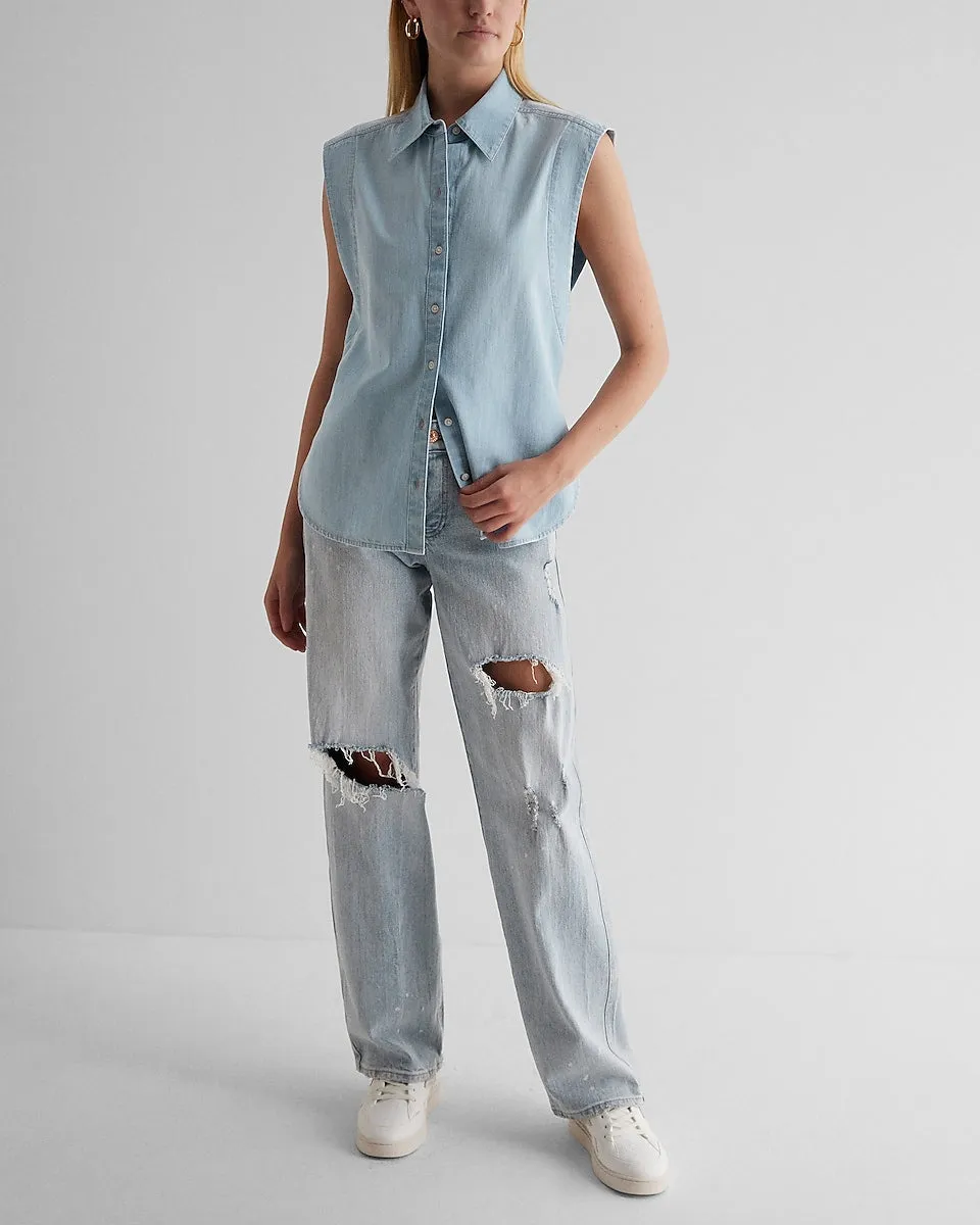 Denim Sleeveless Button Up Shirt in Light Wash