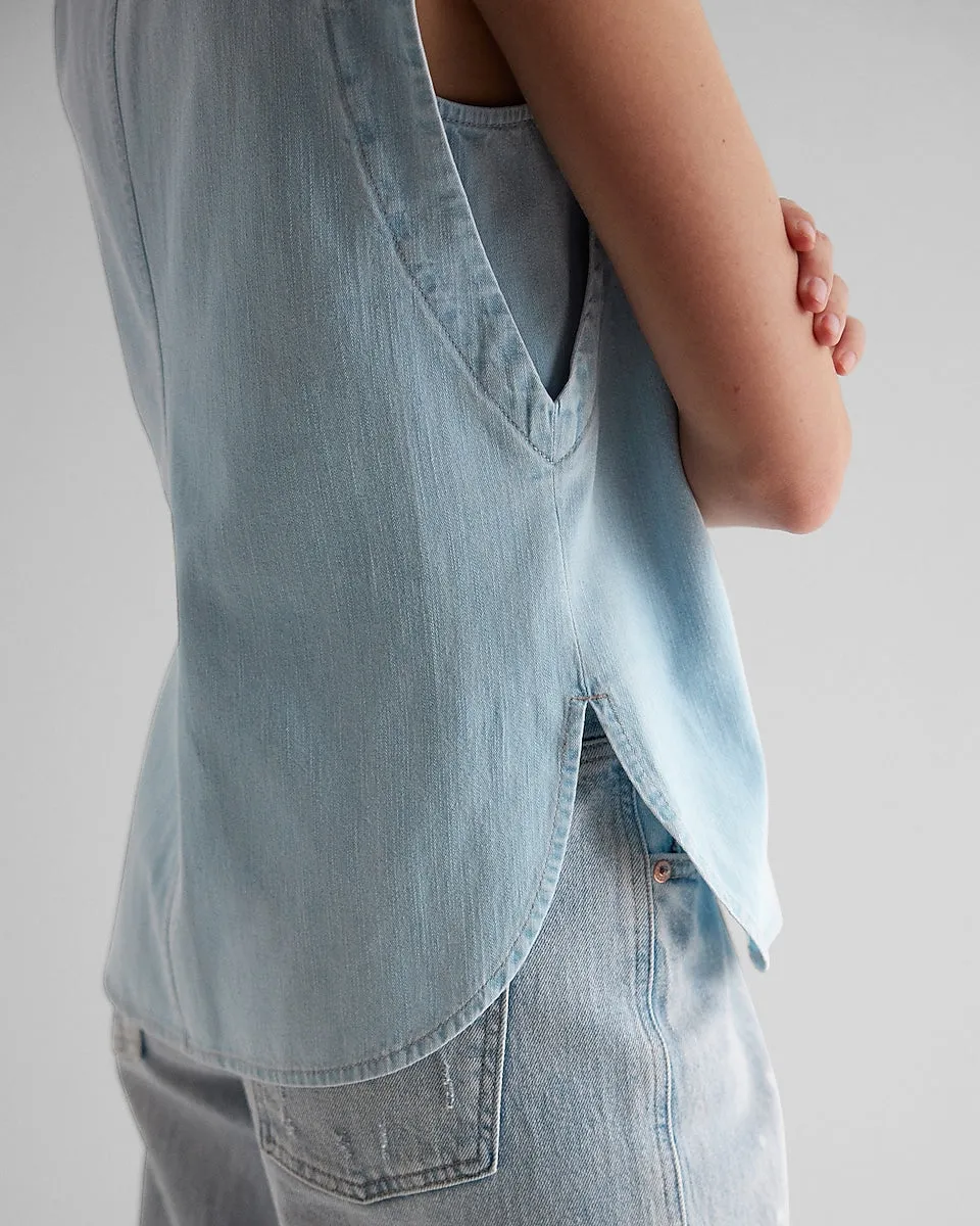 Denim Sleeveless Button Up Shirt in Light Wash