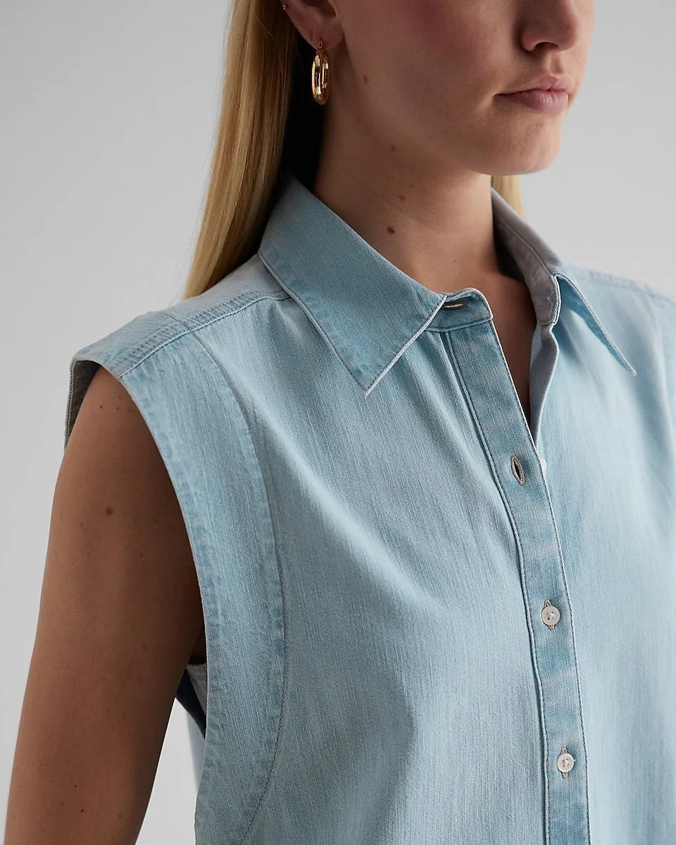 Denim Sleeveless Button Up Shirt in Light Wash