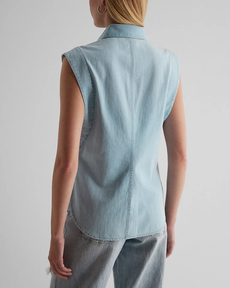Denim Sleeveless Button Up Shirt in Light Wash
