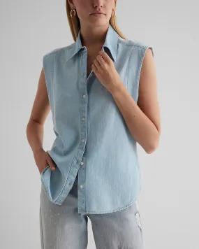 Denim Sleeveless Button Up Shirt in Light Wash