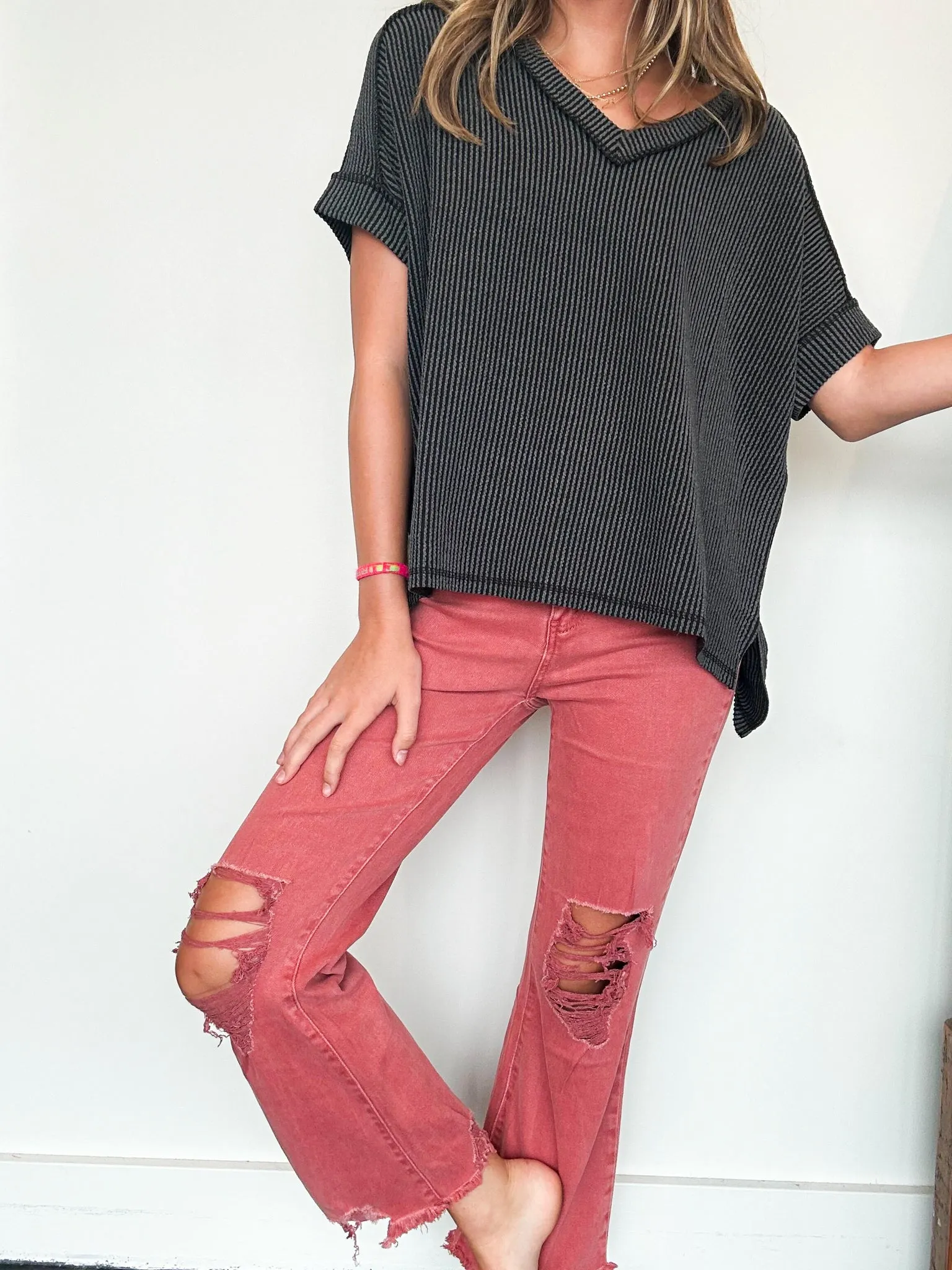 Distressed Hem Stretch Fit Denim- Red