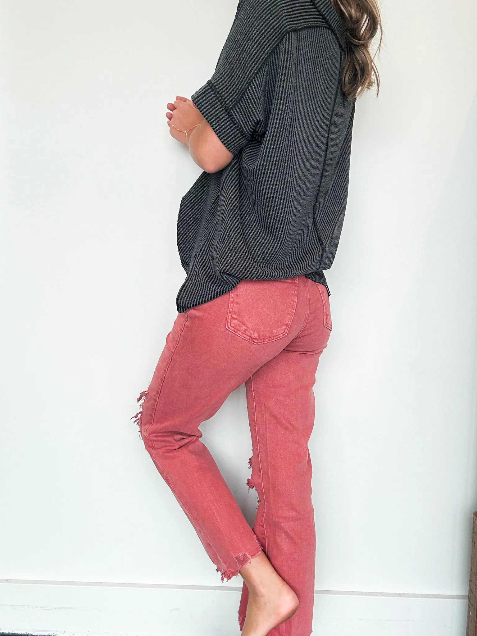 Distressed Hem Stretch Fit Denim- Red